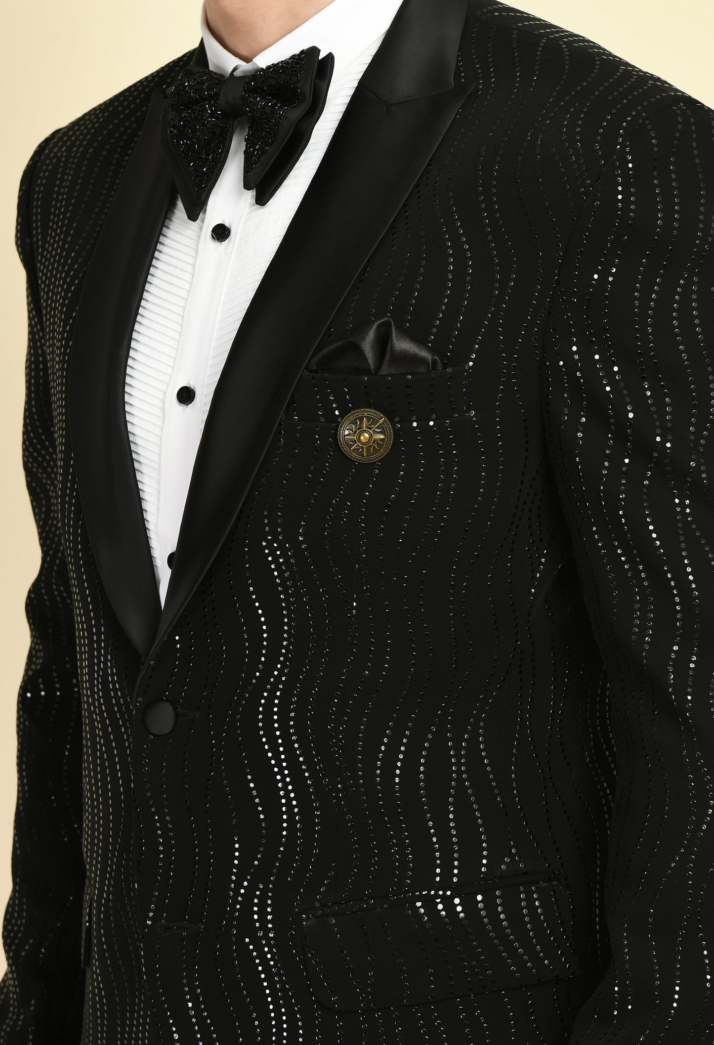 Men’s Tuxedo – Japanese Lycra in Black with Shimmer Print | One Man Show