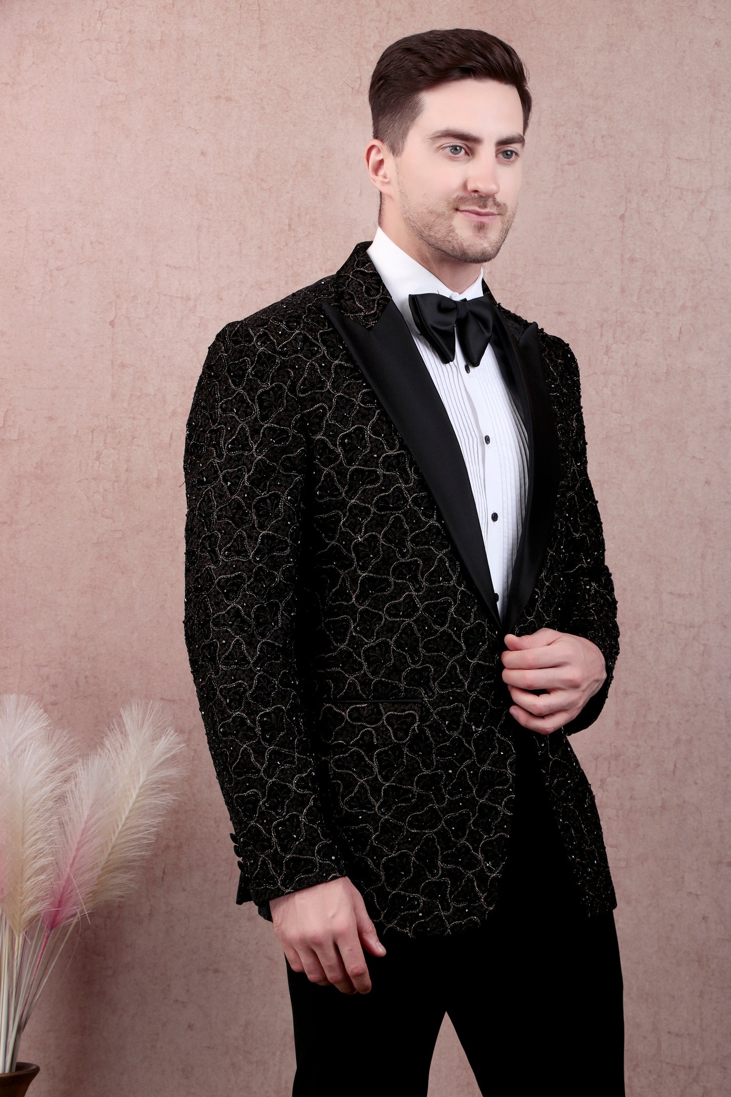 Men’s Tuxedo – Japanese Lycra in Black with Abstract Zari Embroidery | One Man Show