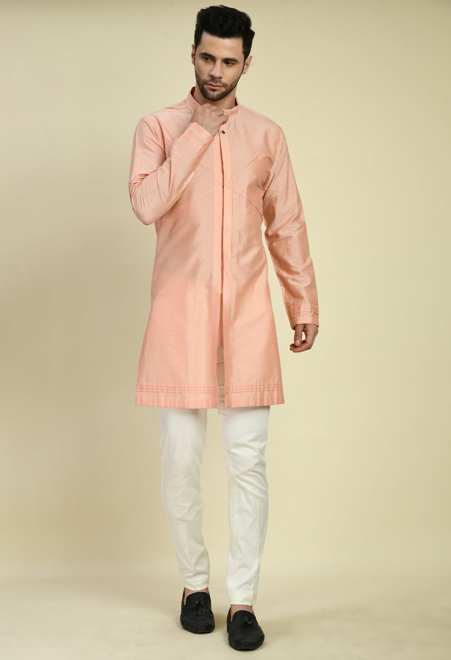 Men’s Kurta Set – Cotton Silk in Peach with Pintucks Abstract Design | One Man Show