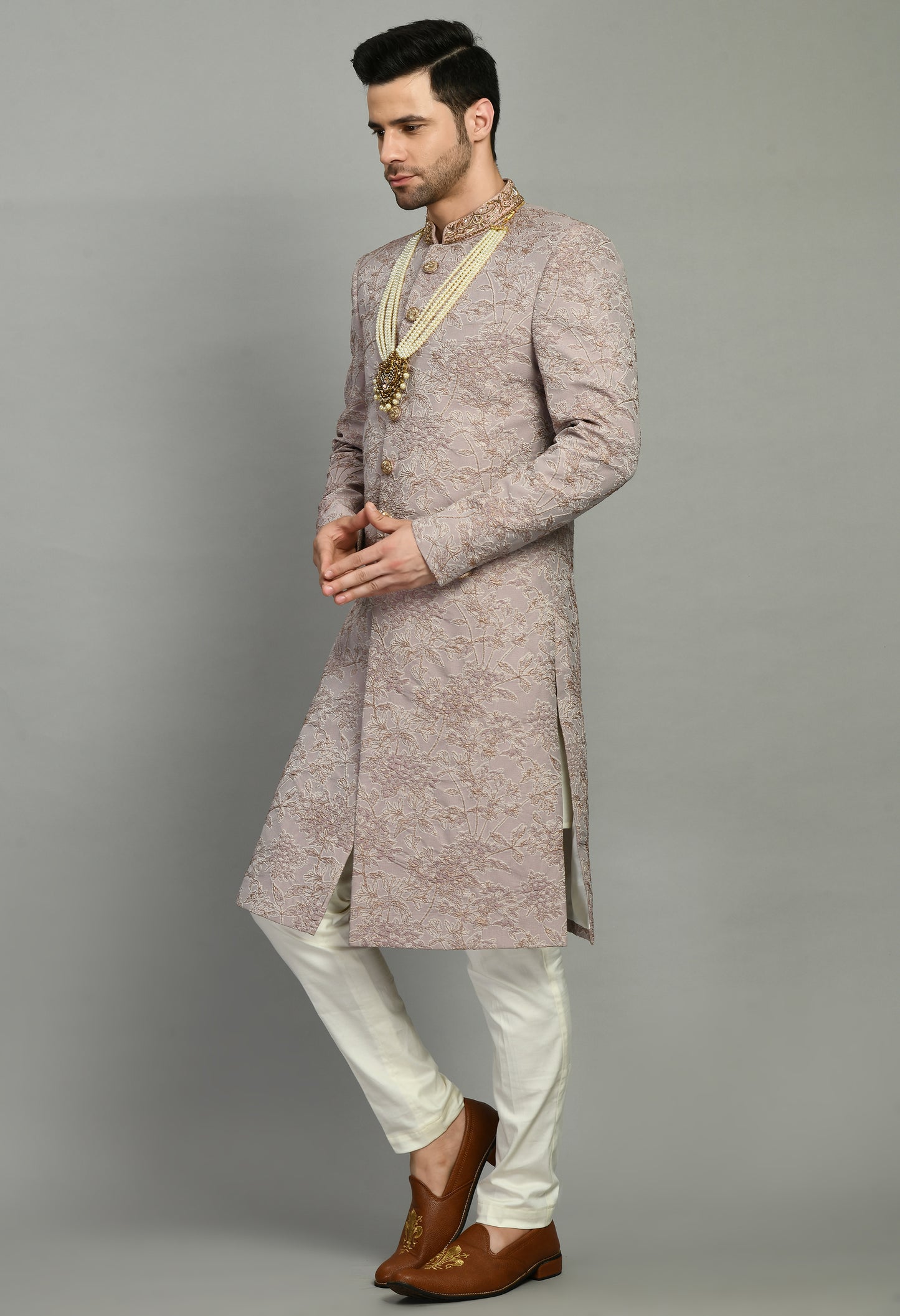 Men’s Sherwani – Silk in Pink with Detailed Hand Embroidery Allover | One Man Show