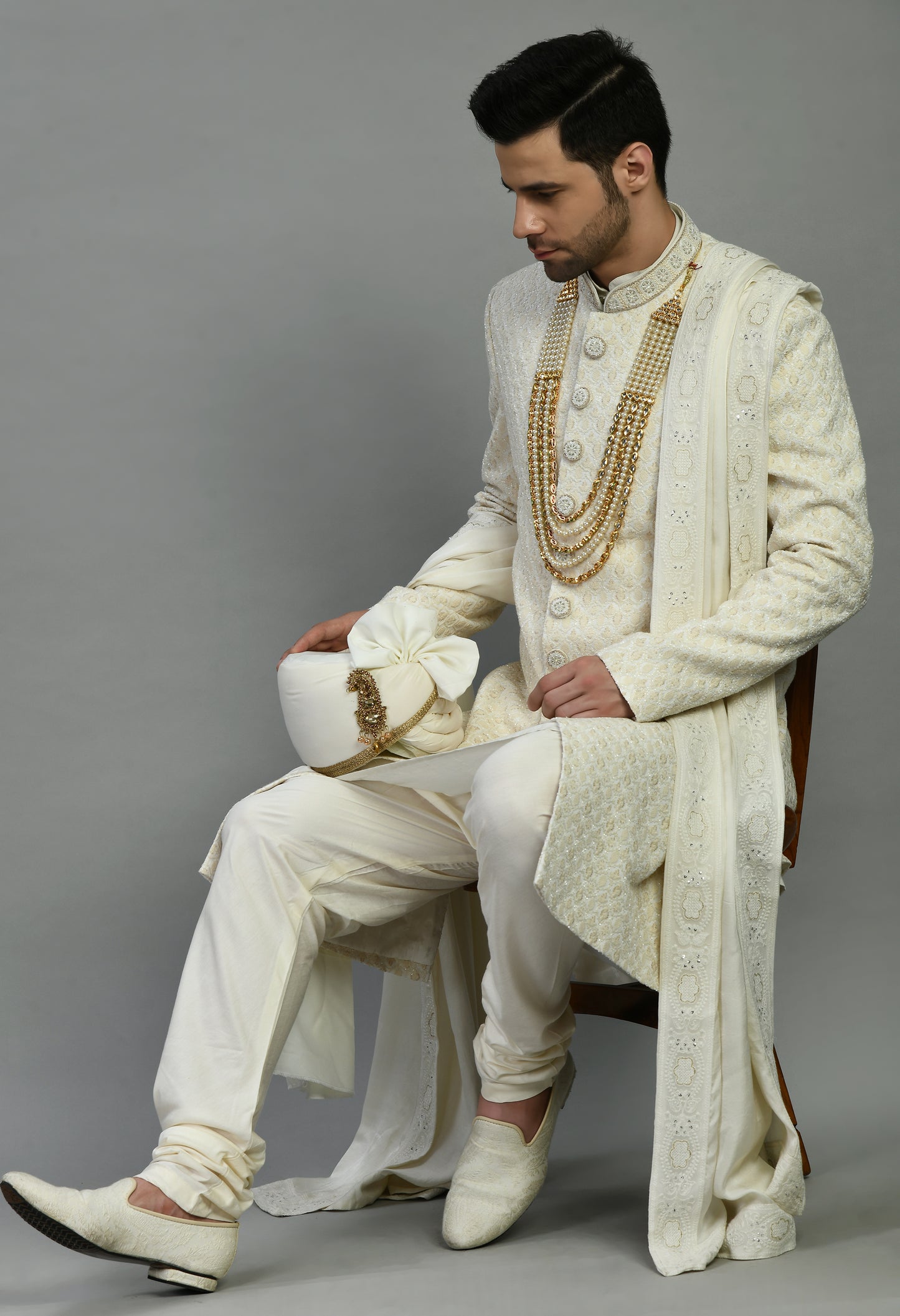 Men’s Sherwani – Silk in Ivory with Detailed Hand Embroidery Allover | One Man Show