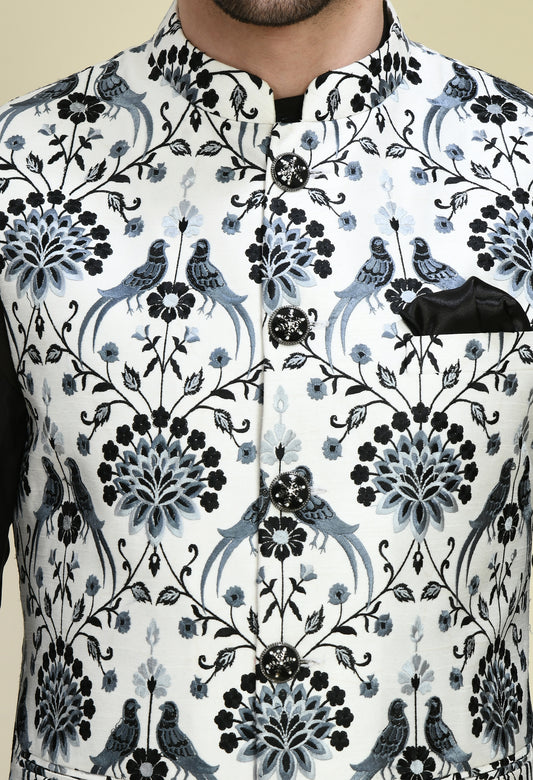 Men’s Nehru Jacket – Silk in Grey with Silk Thread Embroidery | One Man Show