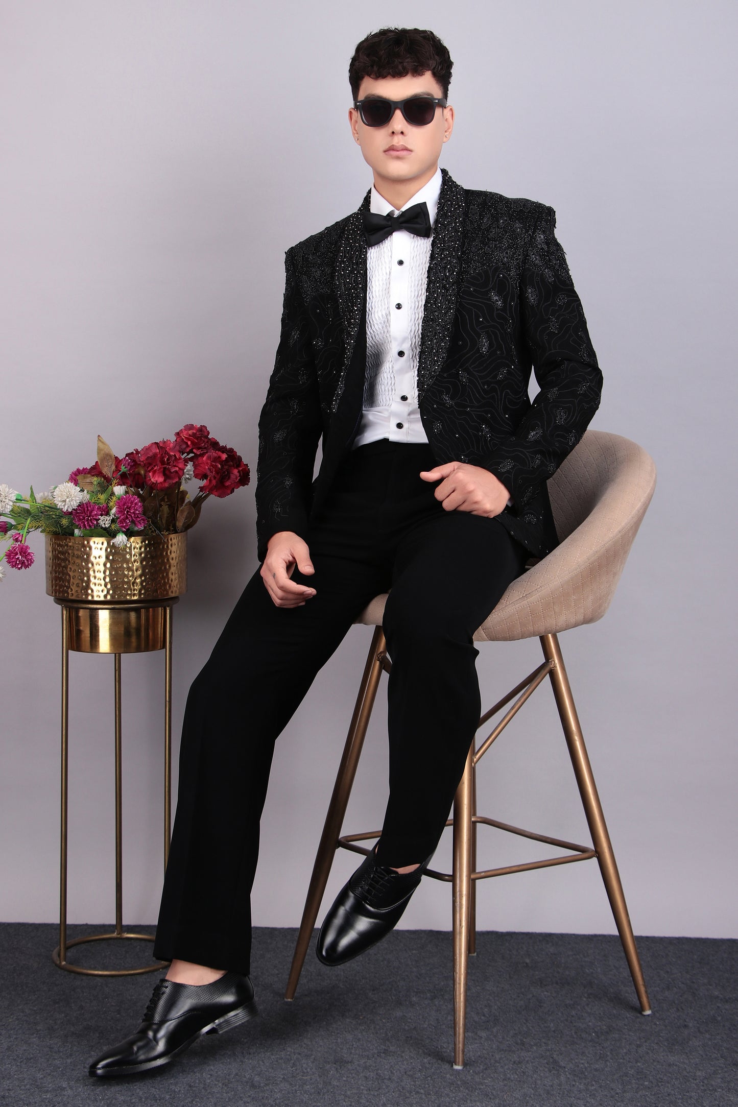 Men’s Tuxedo – Japanese Lycra in Black with Embroidery and Leather Applique | One Man Show