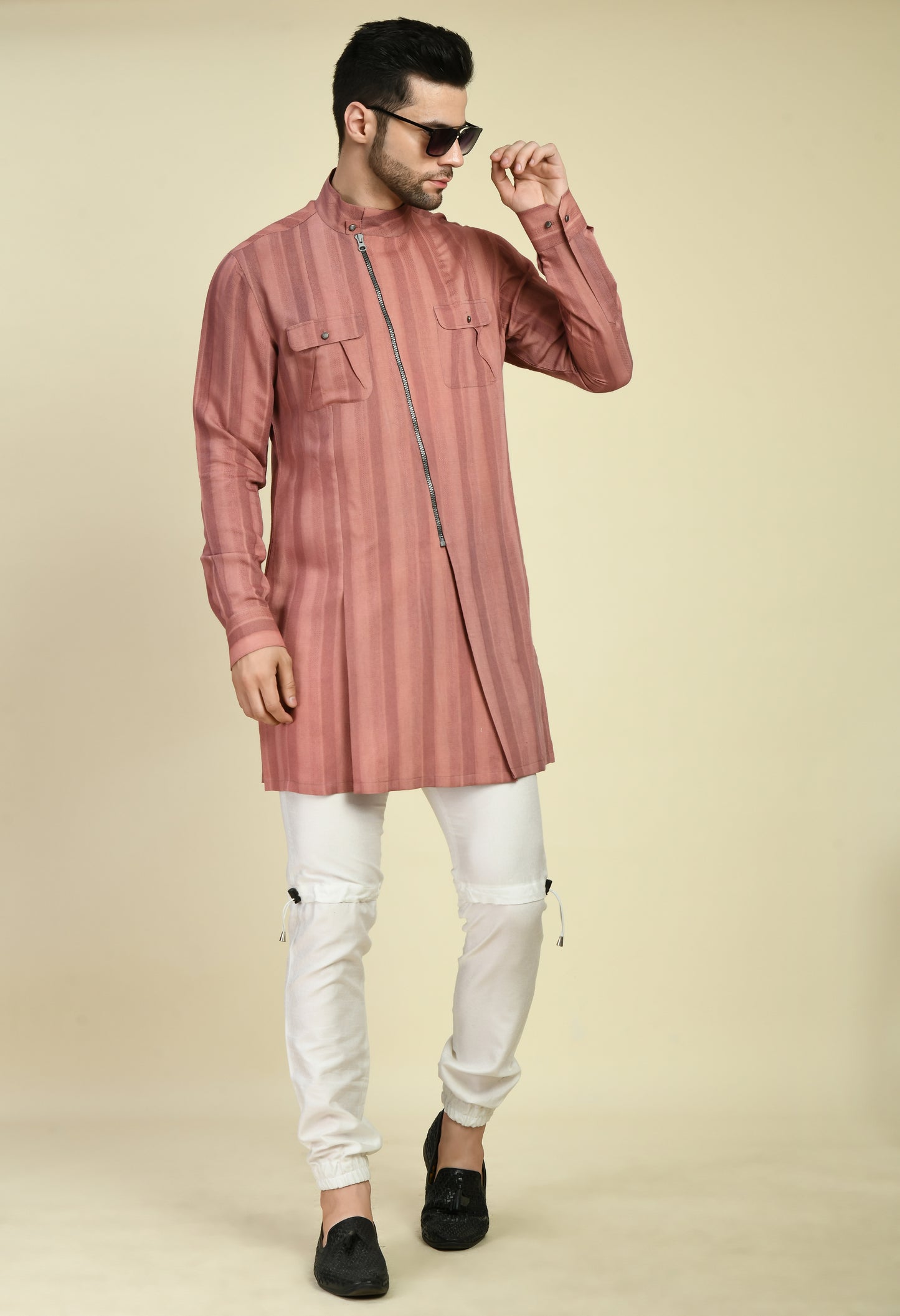 Men’s Nehru Jacket – Silk Jaquard in Pink with Assymetric Zipper Front | One Man Show