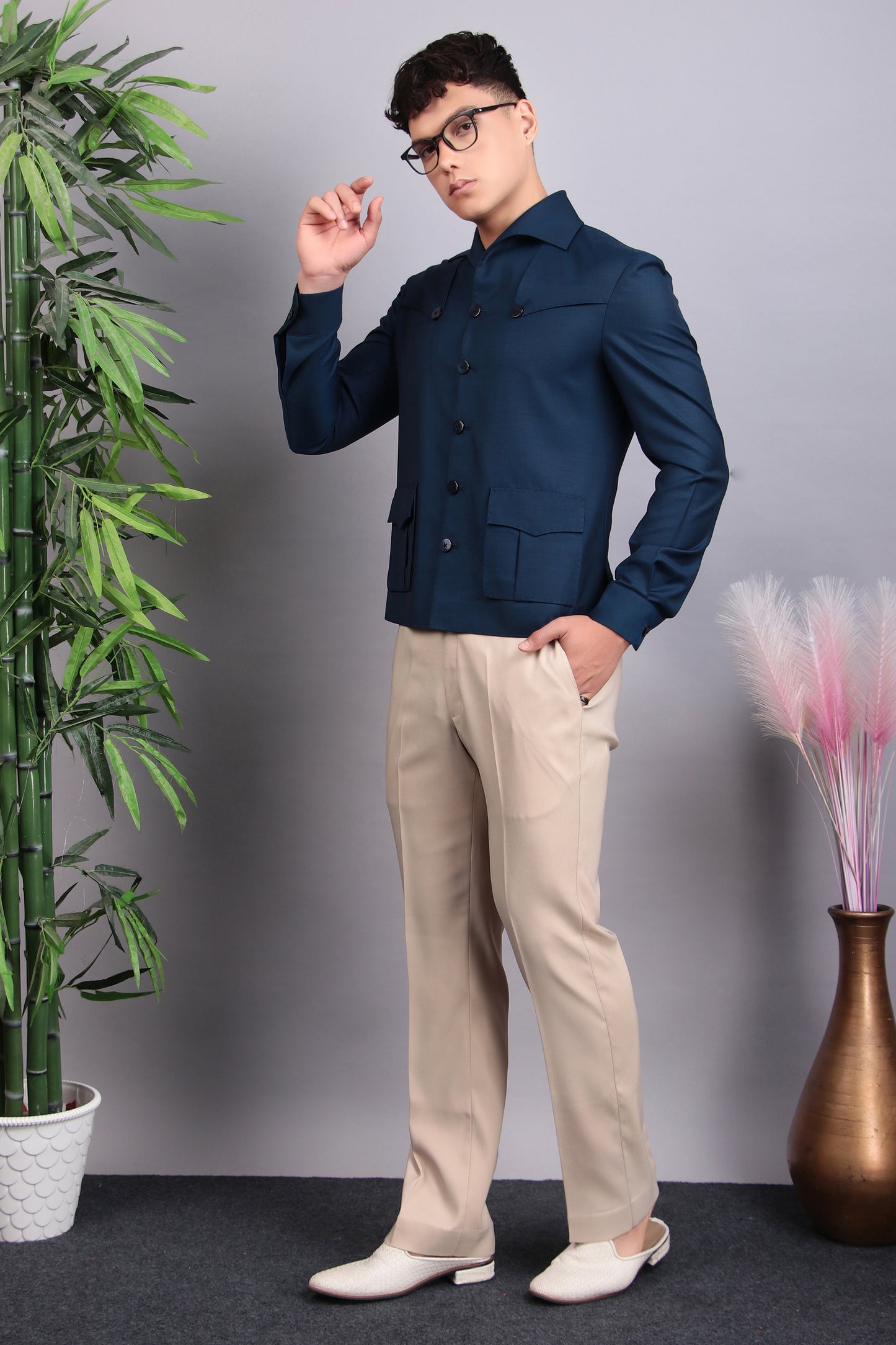 Men’s Suit – Suiting Lycra in Blue with Hunter Shirt and Hand Stitchwork Details | One Man Show