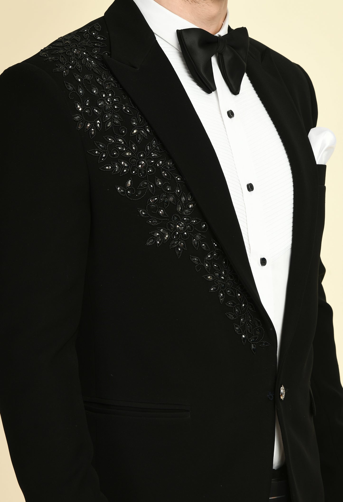 Men’s Tuxedo – Japanese Lycra in Black with Beads and Stone Work | One Man Show
