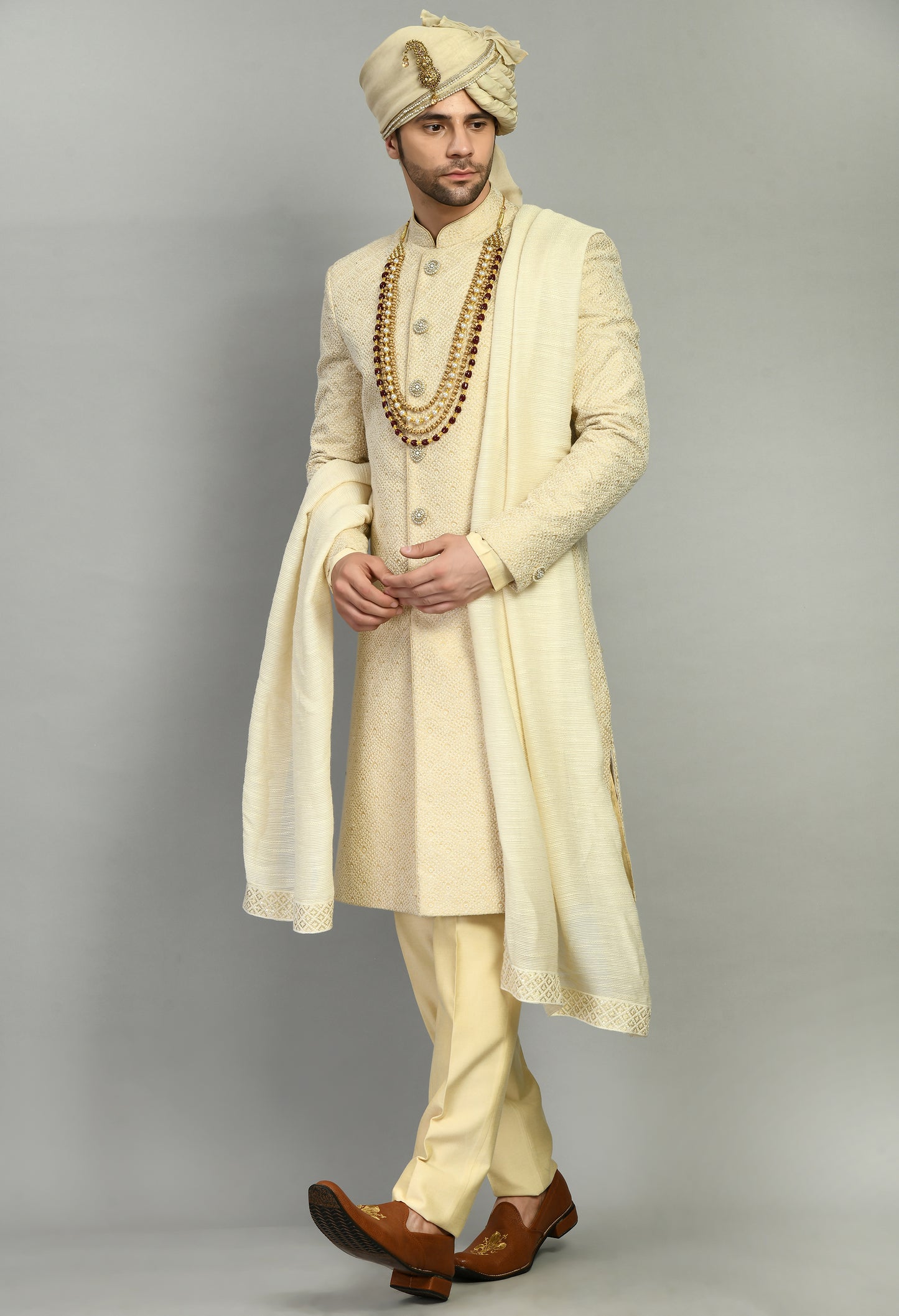 Men’s Sherwani – Silk in Cream with Detailed Hand Embroidery Allover | One Man Show