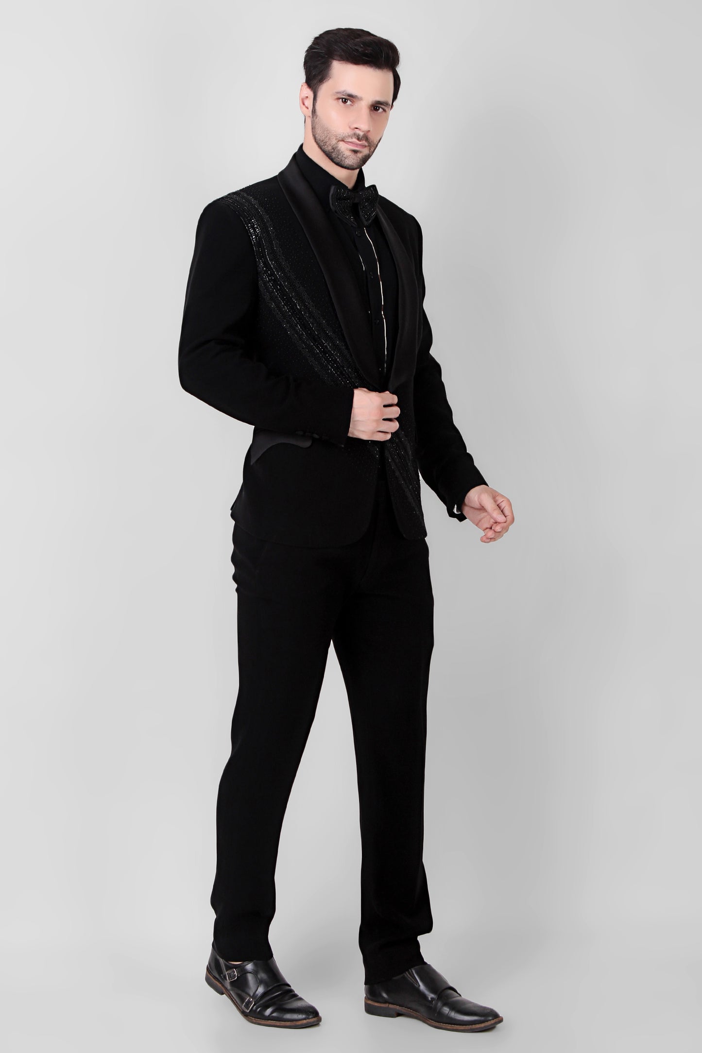 Men’s Tuxedo – Japanese Lycra in Black with Directional Embroidery | One Man Show