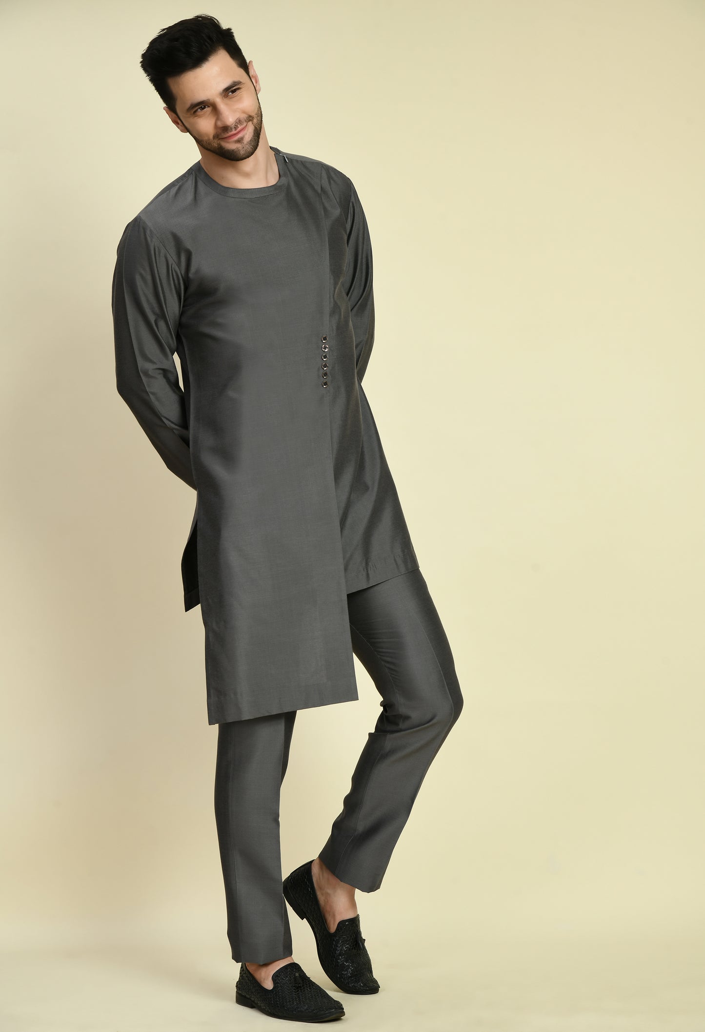 Men’s Kurta Set – Cotton Silk in Grey with Assymetric Hem and Front Overlap Design | One Man Show