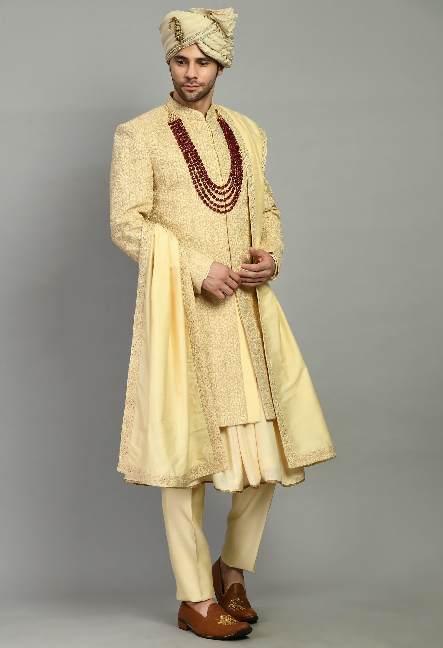 Men’s Sherwani – Silk in Beige with Detailed Hand Embroidery Allover | One Man Show