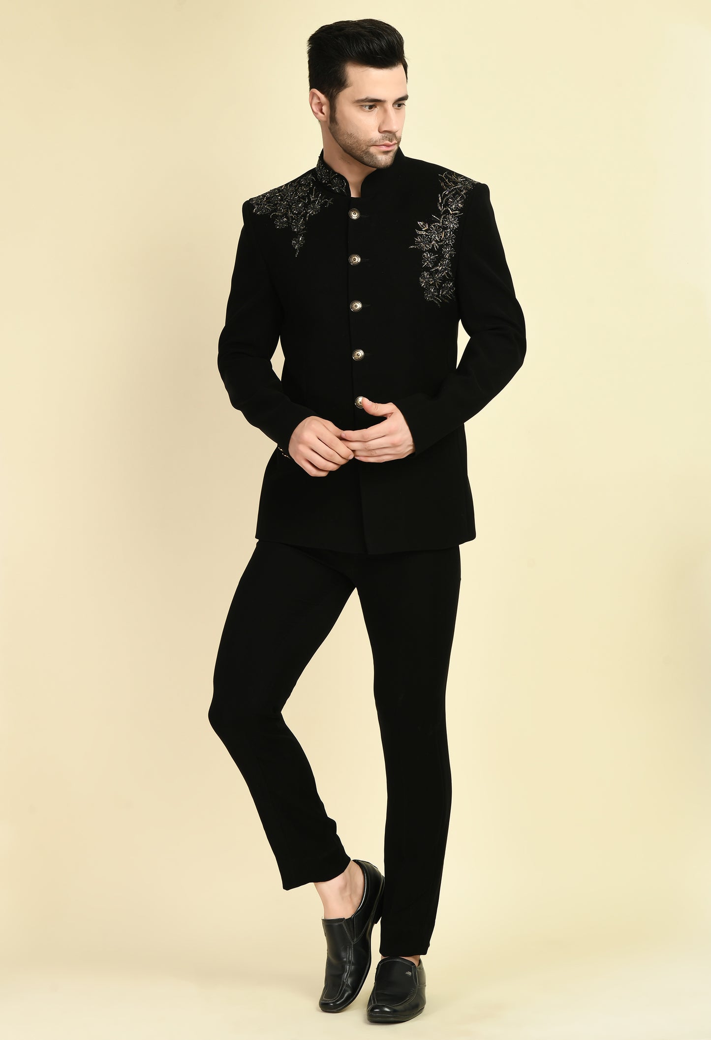 Men’s Bandhgala – Japanese Lycra in Black with Shoulder Placement Embroidery | One Man Show