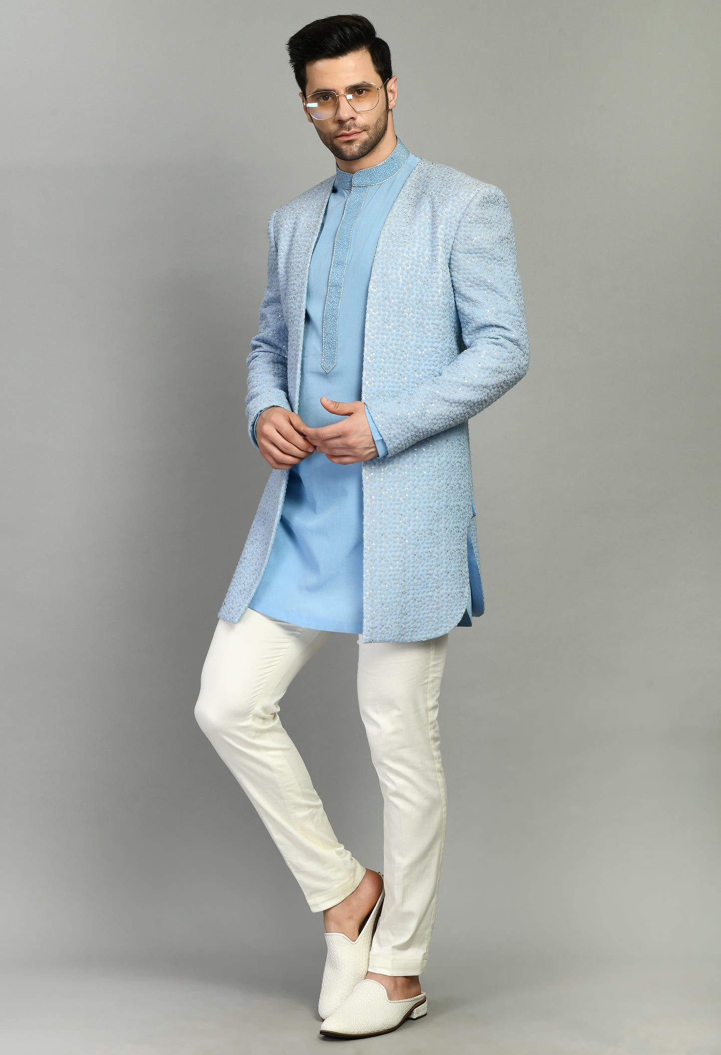 Men’s Indo-Western – Silk Georgette in Sky Blue with Floral Thread Work | One Man Show