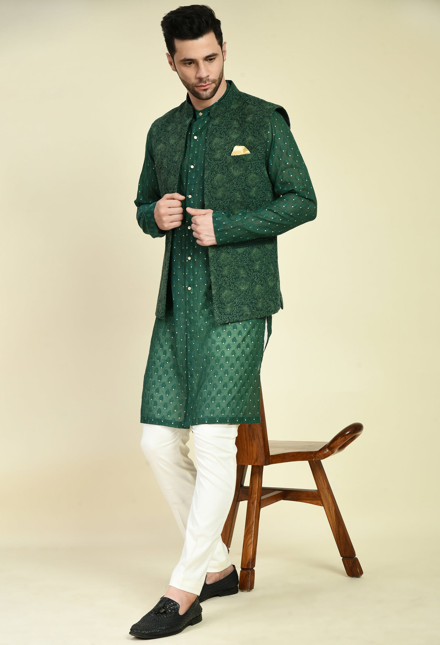 Men’s Nehru Jacket – Silk Georgette in Green with Dori Thread Embroidery | One Man Show