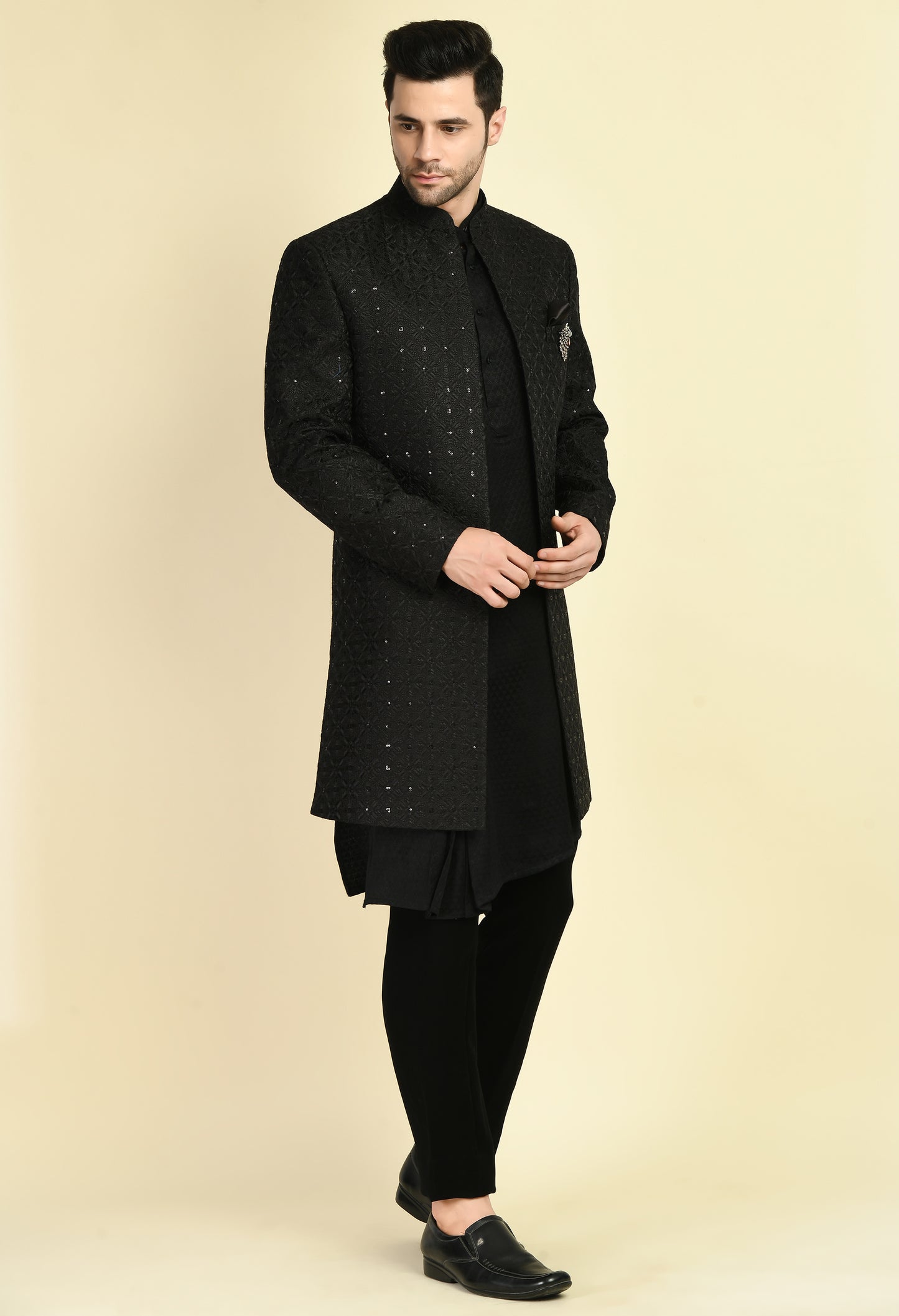 Men’s Indo-Western – Silk Georgette in Black with Front Open Self Sequins Embroidery | One Man Show