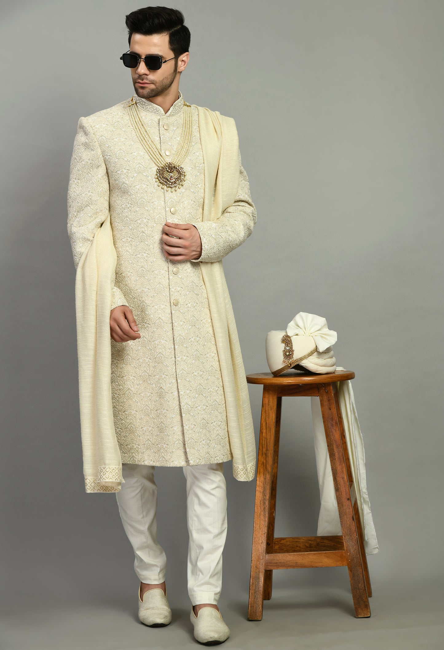 Men’s Sherwani – Silk in Cream with Detailed Hand Embroidery Allover | One Man Show