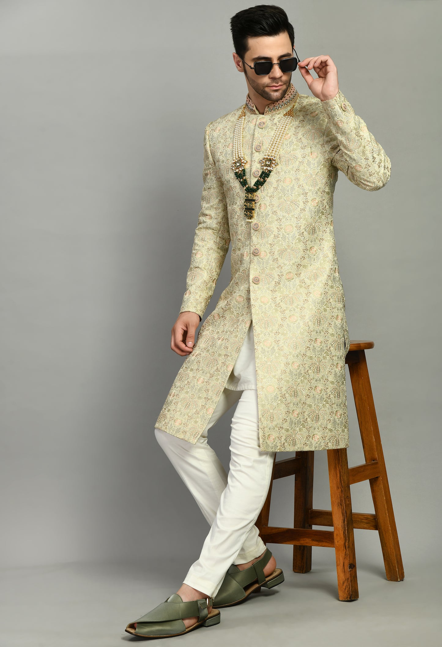 Men’s Sherwani – Silk in Green with Detailed Hand Embroidery Allover | One Man Show