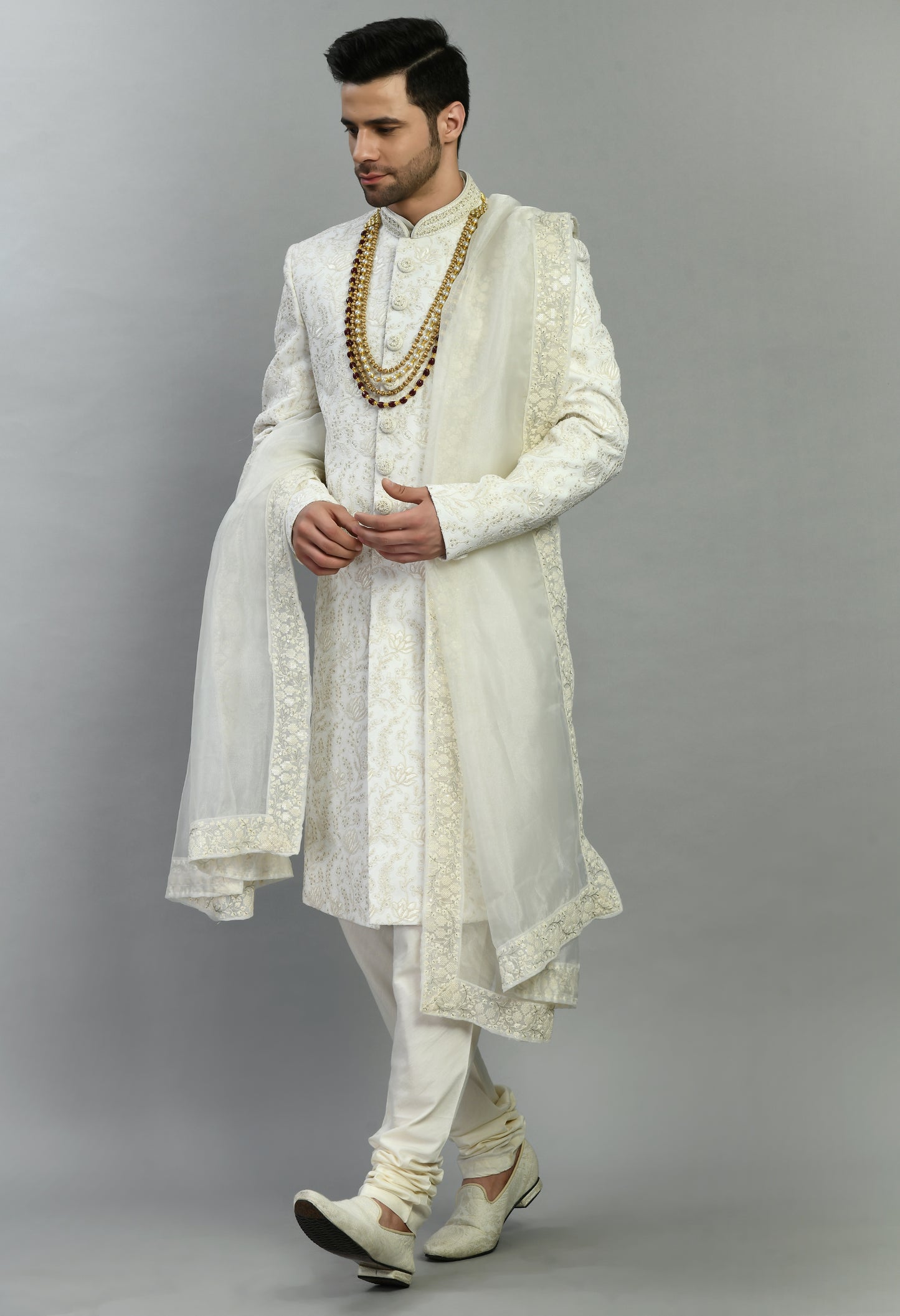 Men’s Sherwani – Silk in Ivory with Detailed Hand Embroidery Allover | One Man Show