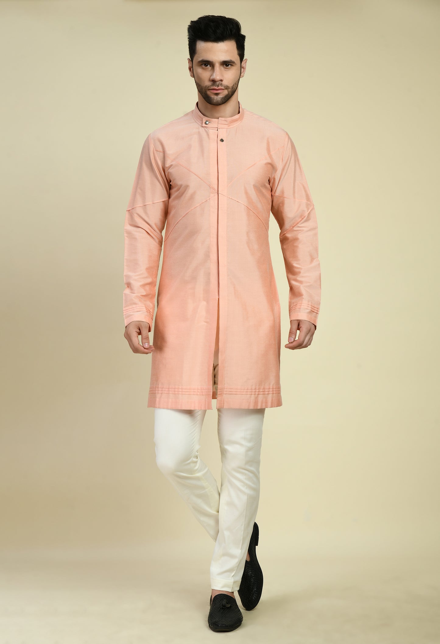Men’s Kurta Set – Cotton Silk in Peach with Pintucks Abstract Design | One Man Show