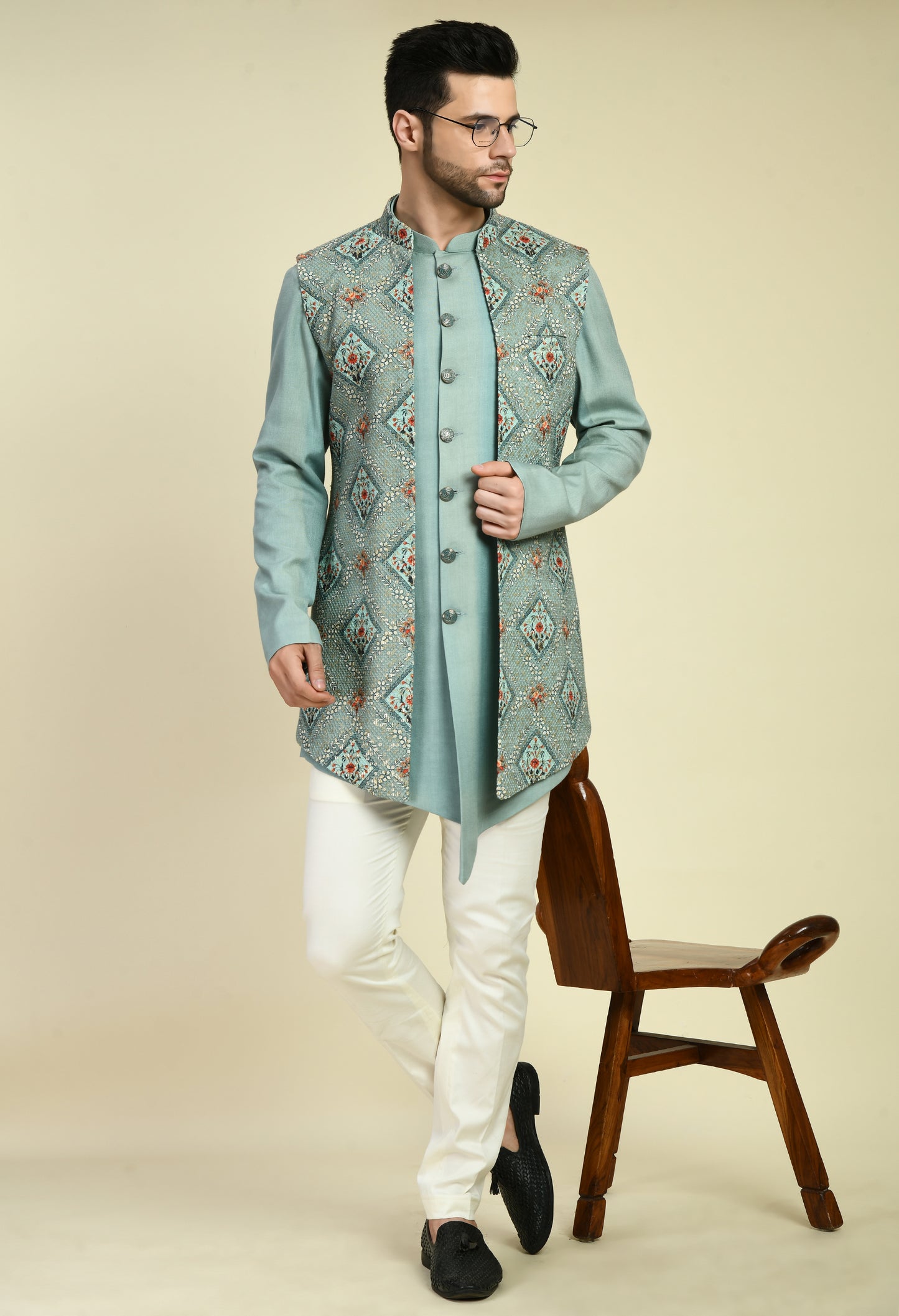 Detail view 5 - Men’s Nehru Jacket – Silk in Blue with Front Open Printed Jacket
