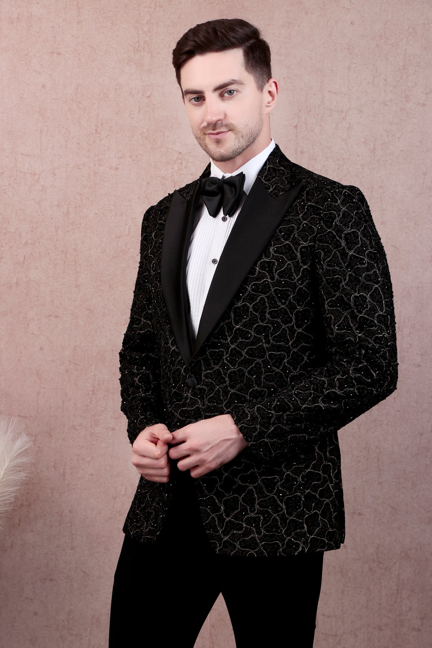 Men’s Tuxedo – Japanese Lycra in Black with Abstract Zari Embroidery | One Man Show