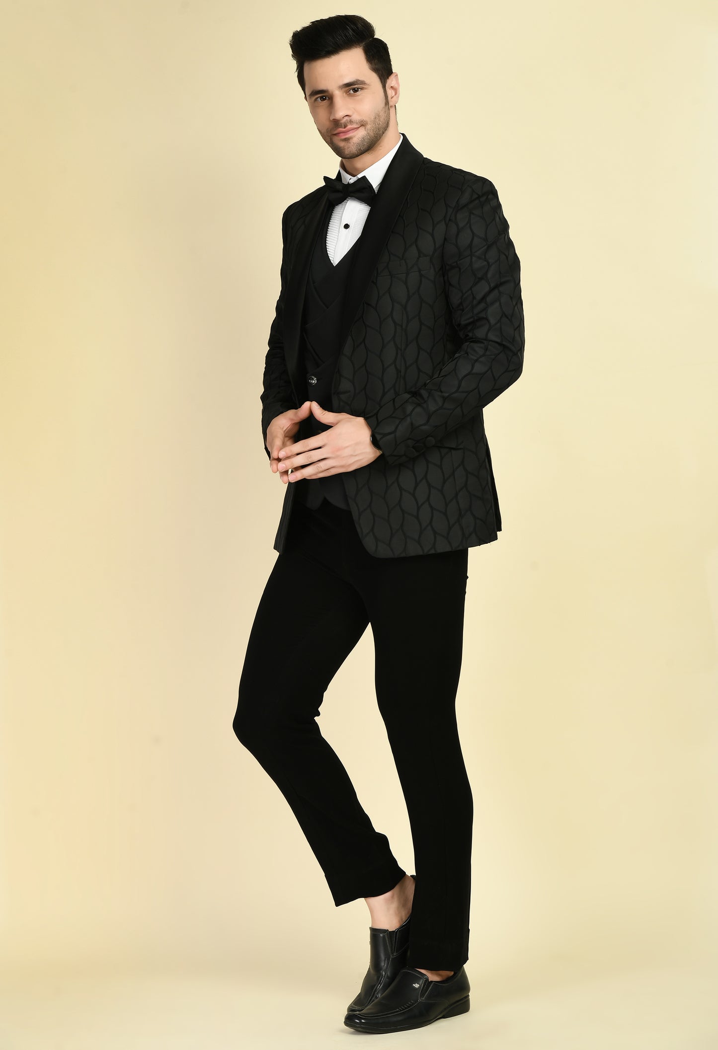 Men’s Tuxedo – Japanese Lycra in Black with Floral Jaquard Tuxedo Top | One Man Show