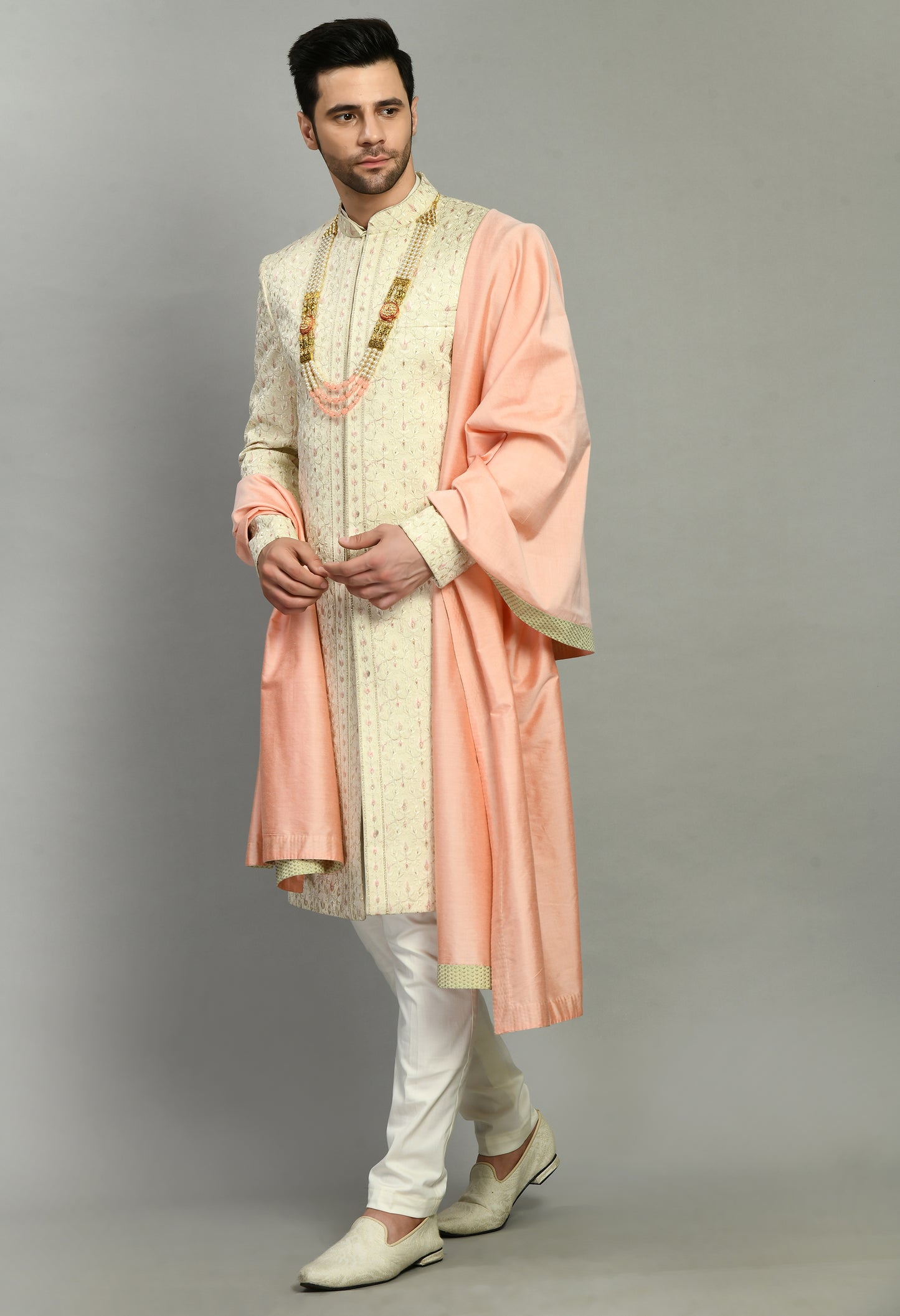 Men’s Sherwani – Silk in Cream with Detailed Hand Embroidery Allover | One Man Show