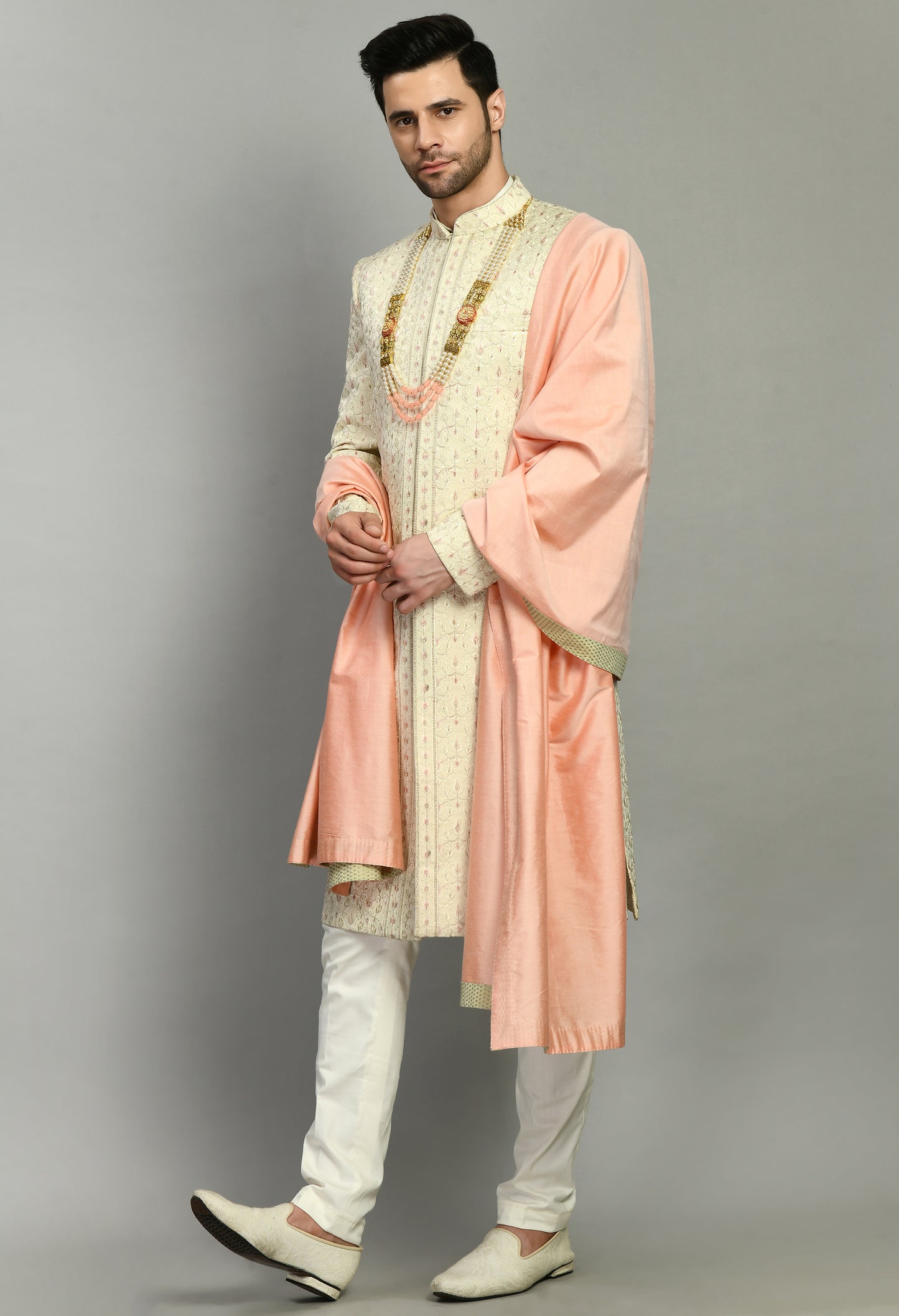 Men’s Sherwani – Silk in Cream with Detailed Hand Embroidery Allover | One Man Show