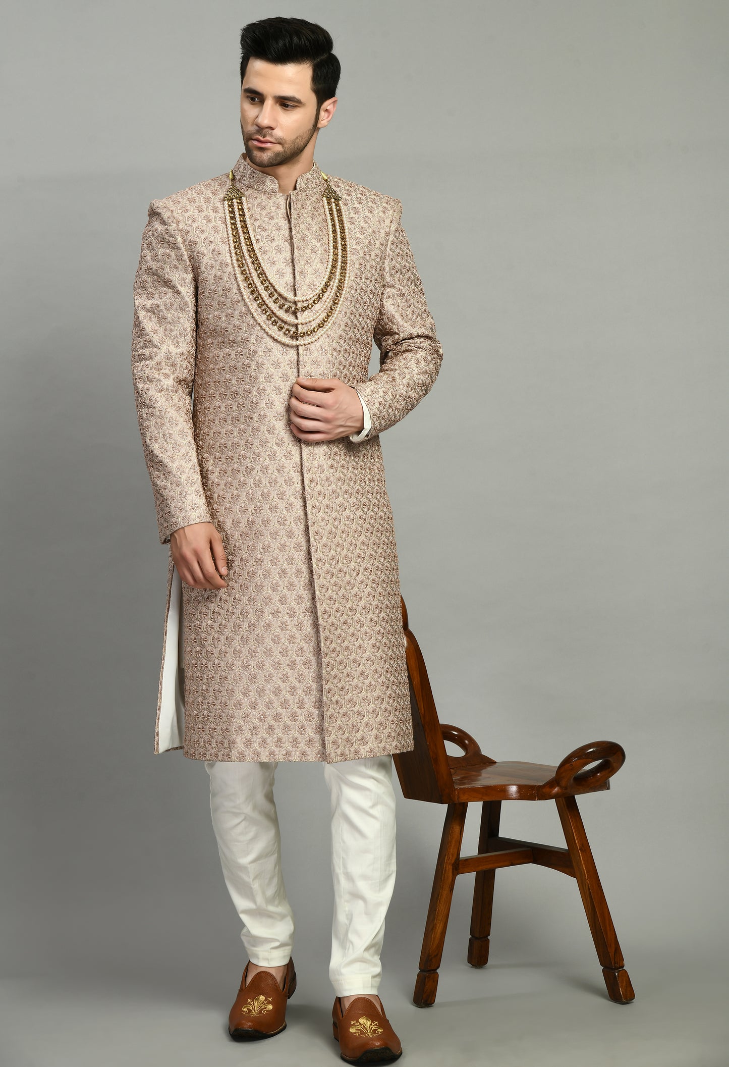 Men’s Sherwani – Silk in Pink with Detailed Hand Embroidery | One Man Show