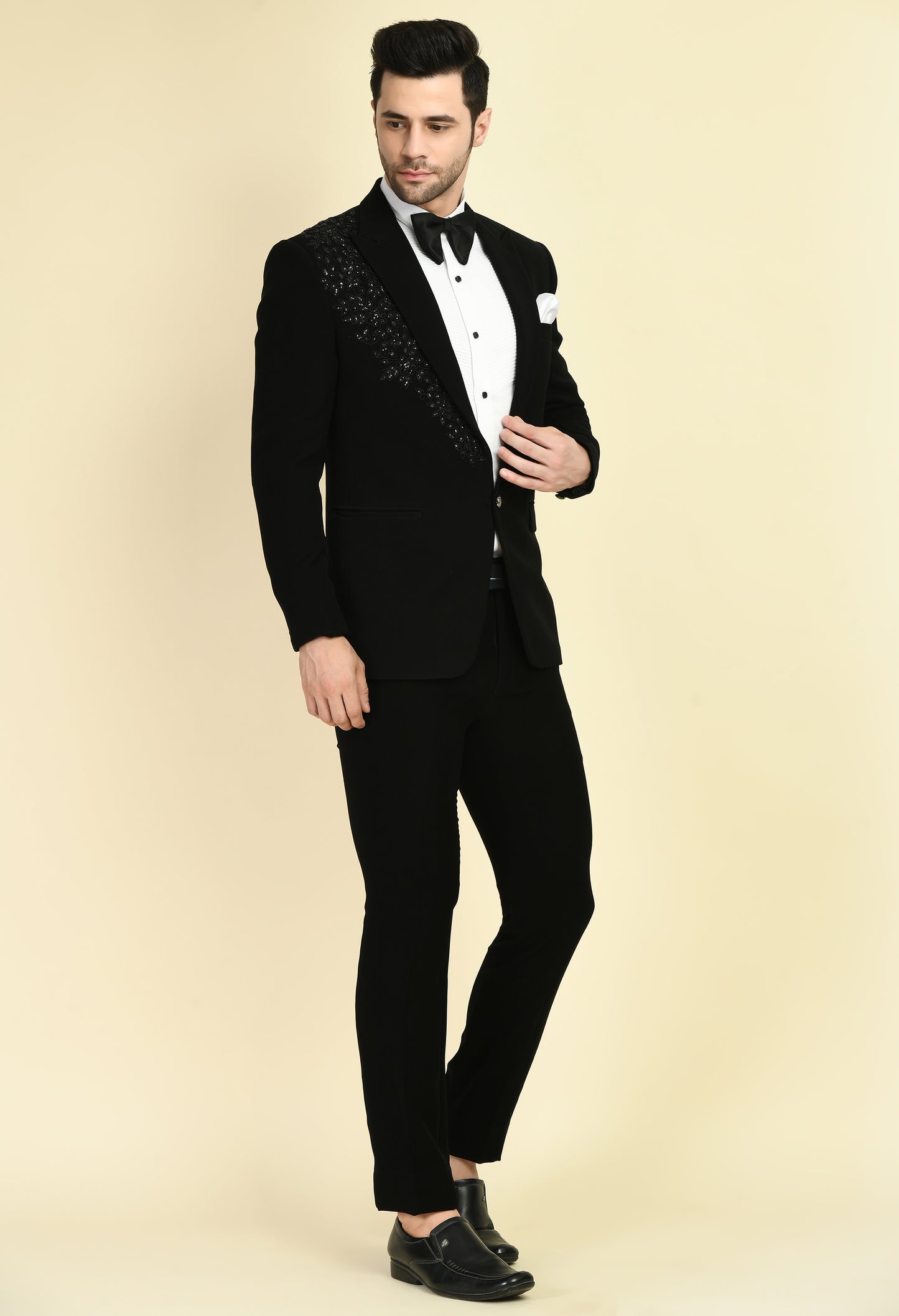 Men’s Tuxedo – Japanese Lycra in Black with Beads and Stone Work | One Man Show