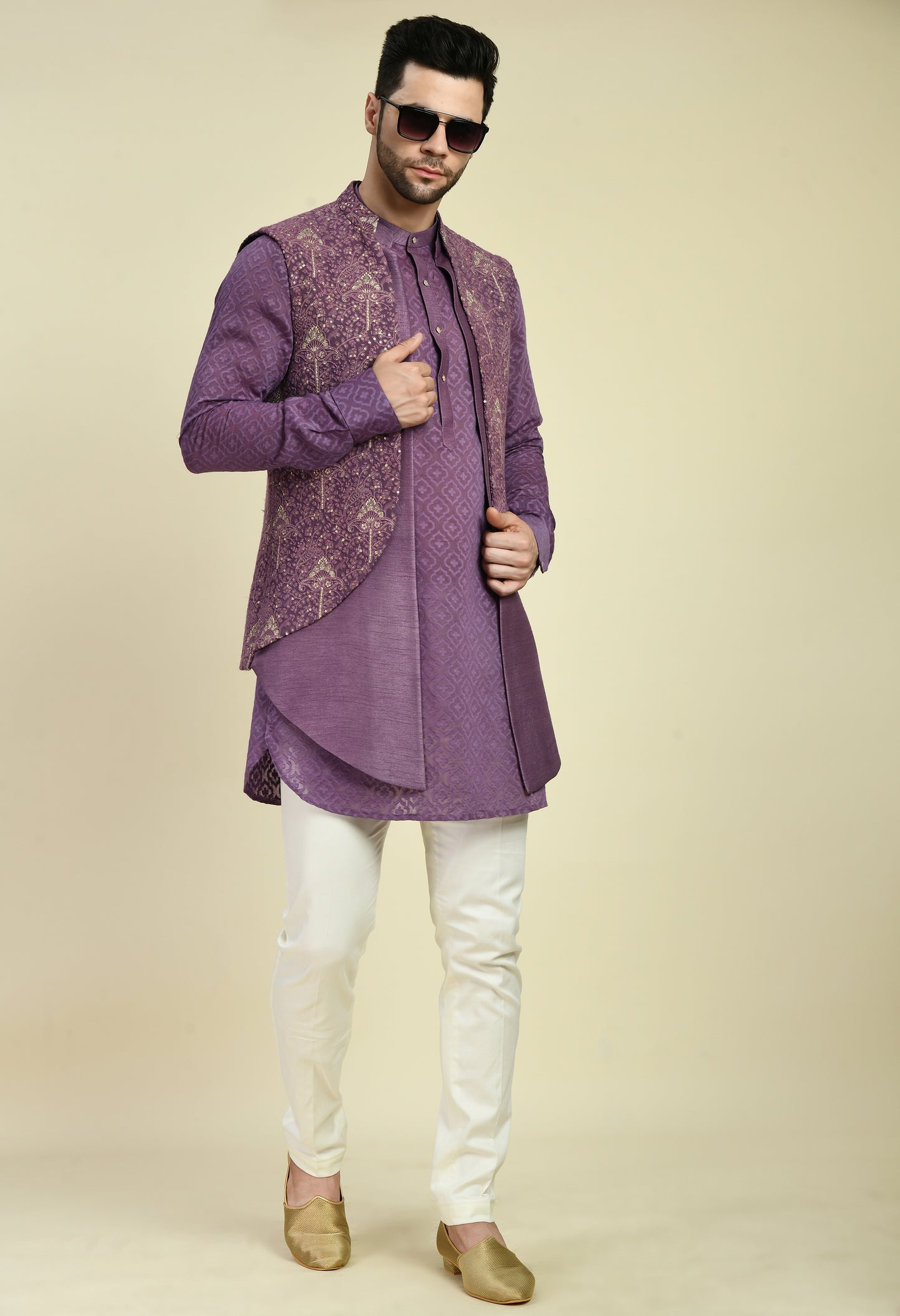 Detail view 3 - Men’s Nehru Jacket – Silk Georgette in Purple with Silk Thread and Zari Embroidery