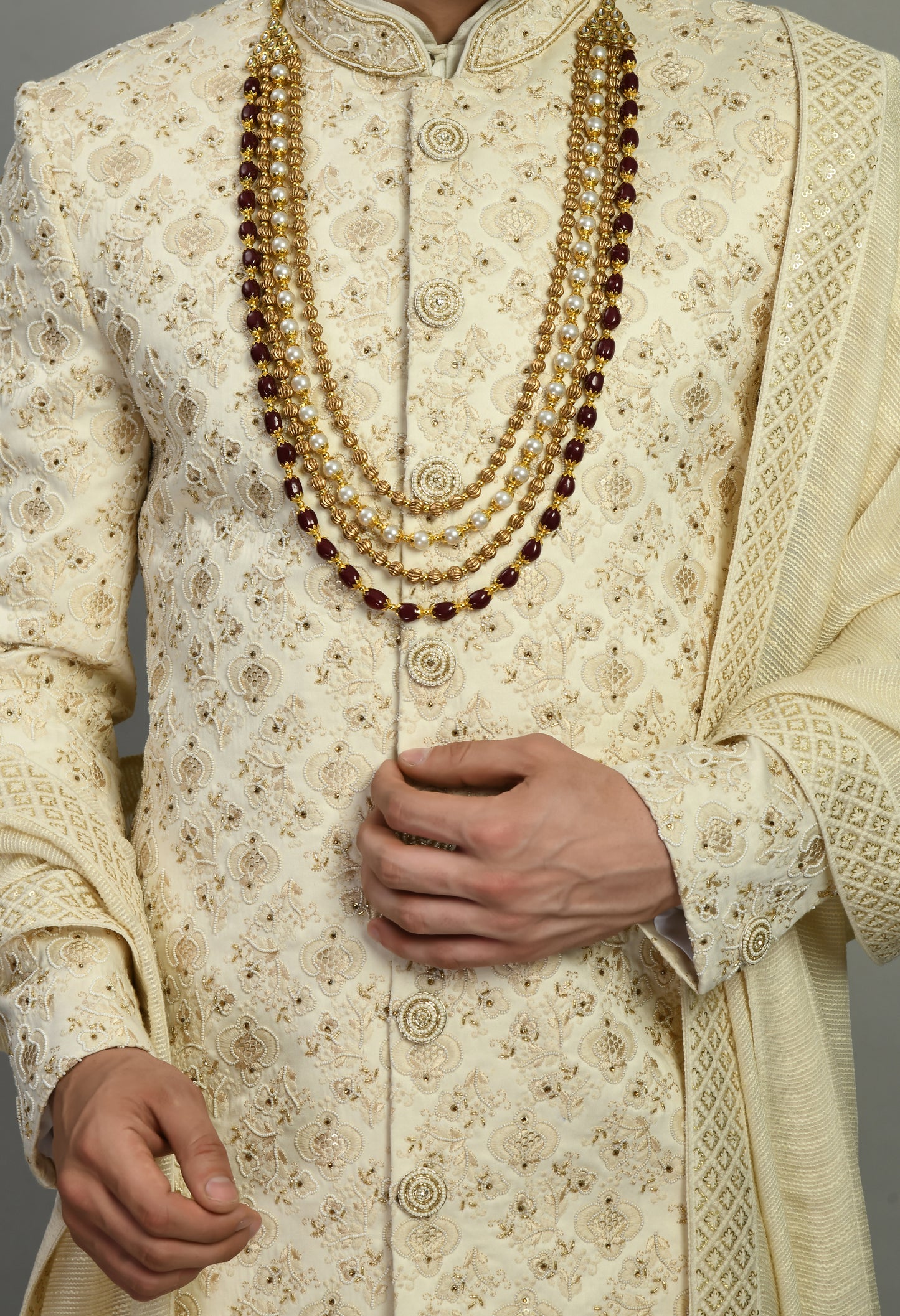 Men’s Sherwani – Silk in Ivory with Detailed Hand Embroidery | One Man Show