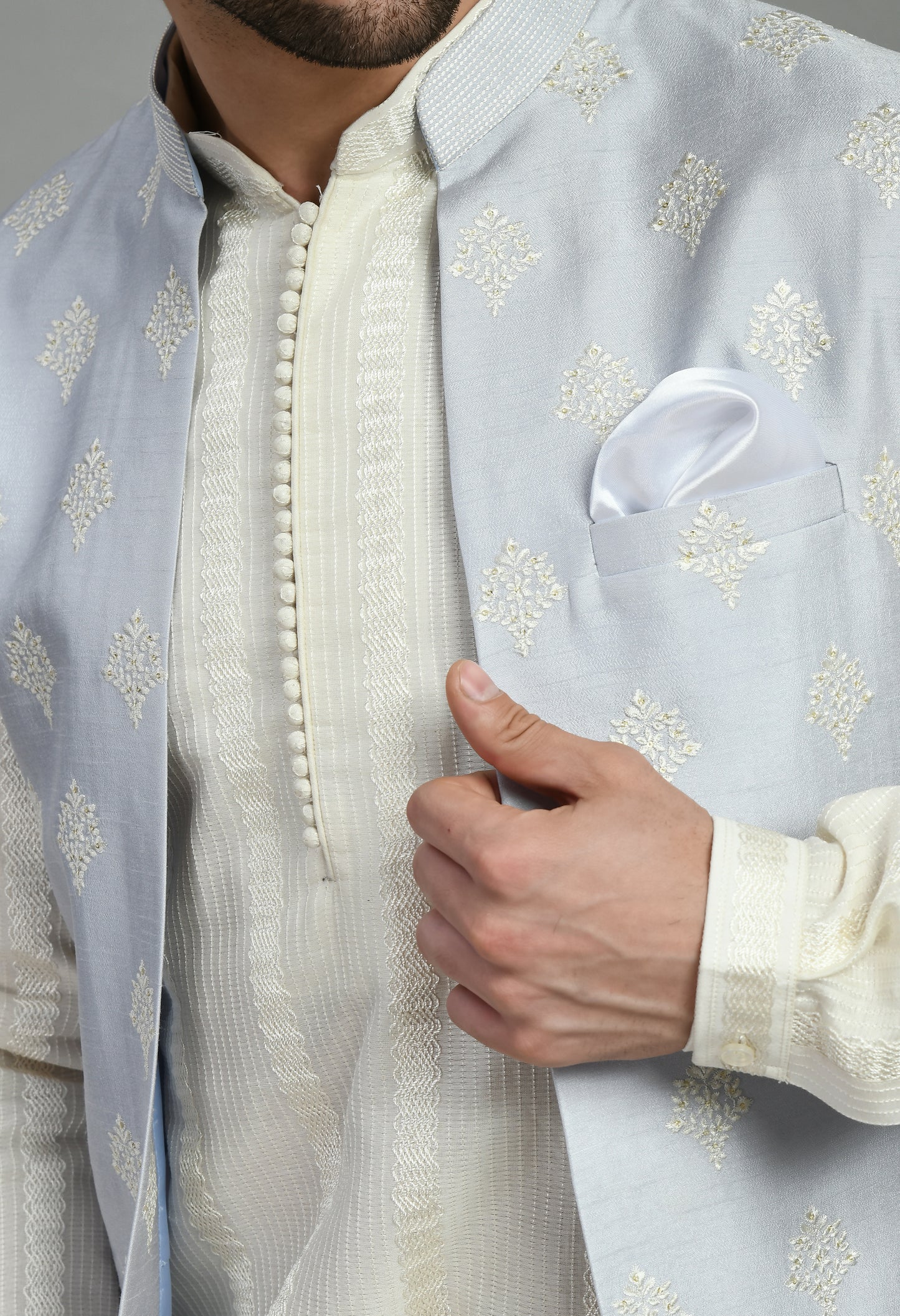 Men’s Nehru Jacket – Silk in Blue with Floral Motif Embroidery | One Man Show