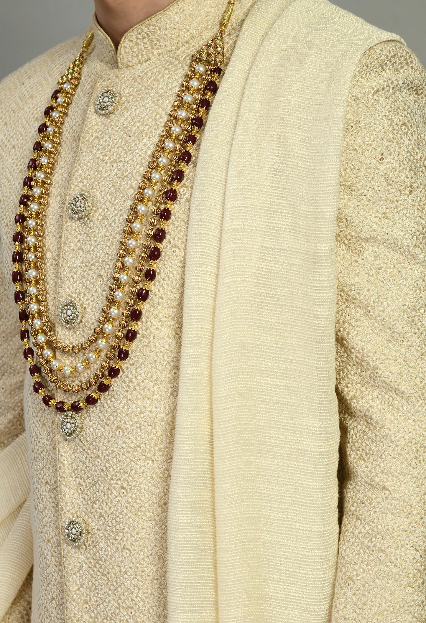 Detail view 3 - Men’s Sherwani – Silk in Cream with Detailed Hand Embroidery Allover