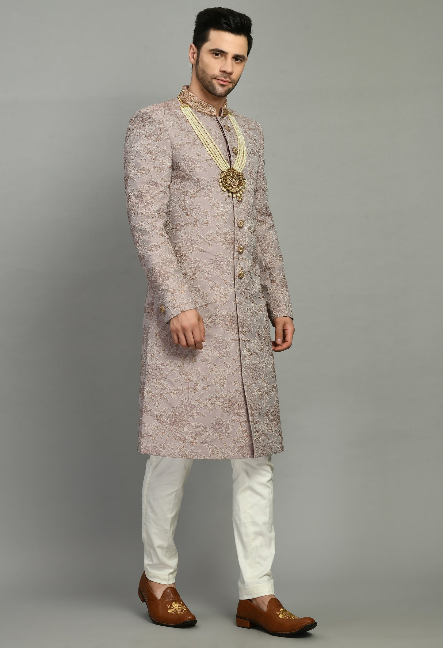 Men’s Sherwani – Silk in Pink with Detailed Hand Embroidery Allover | One Man Show
