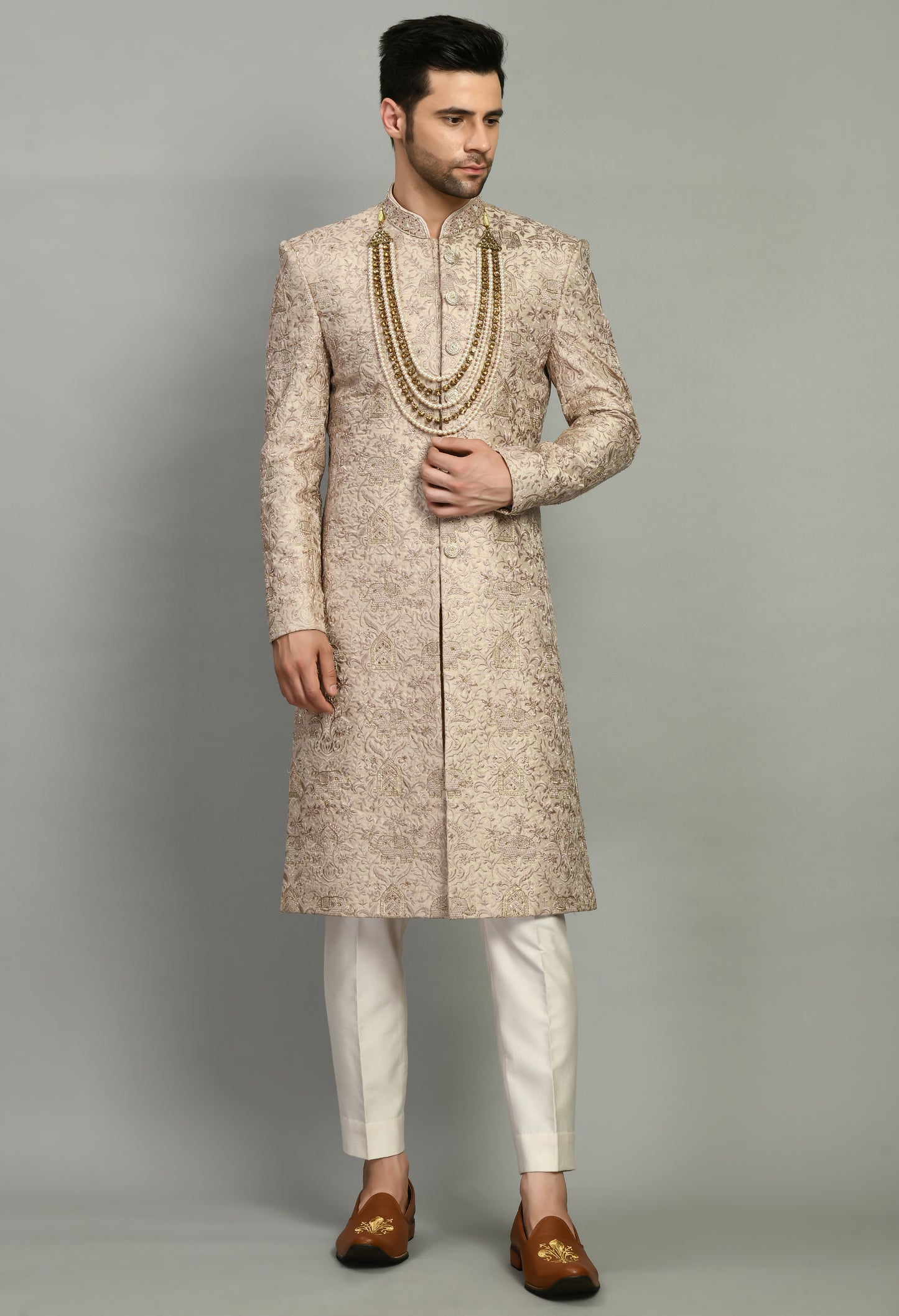 Men’s Sherwani – Silk in Pink with Detailed Hand Embroidery | One Man Show