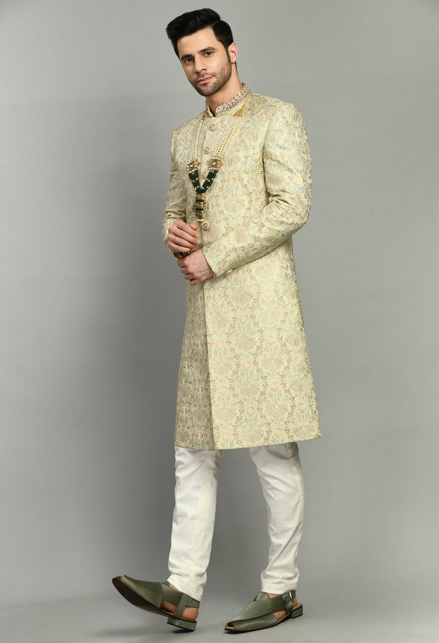 Men’s Sherwani – Silk in Green with Detailed Hand Embroidery Allover | One Man Show