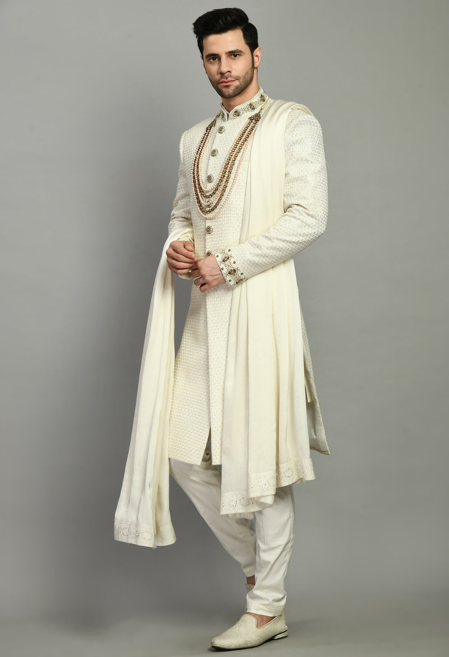 Men’s Sherwani – Silk in Ivory with Detailed Hand Embroidery | One Man Show