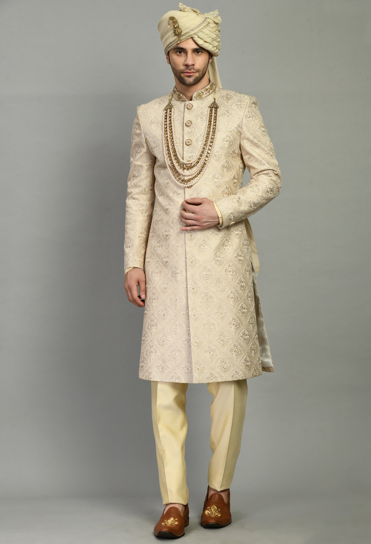 Men’s Sherwani – Silk in Beige with Detailed Hand Embroidery | One Man Show