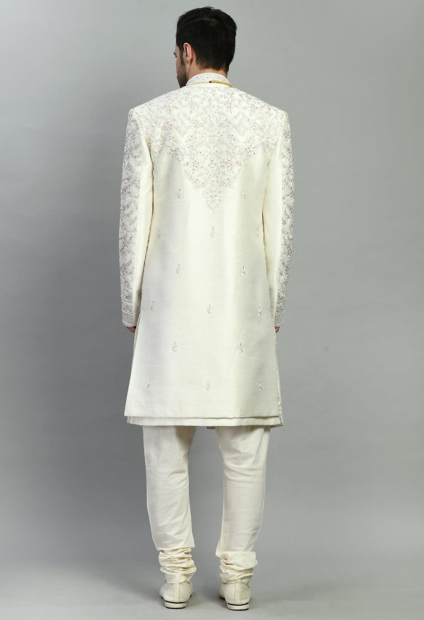 Men’s Sherwani – Silk in Ivory with Detailed Hand Embroidery Allover | One Man Show