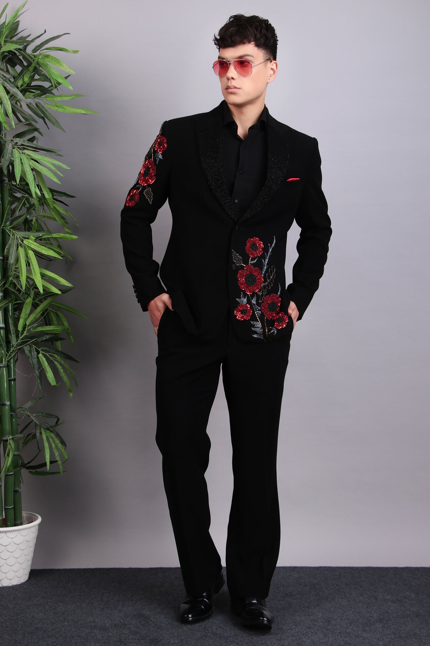 Men’s Tuxedo – Japanese Lycra in Black with Pintex & Beads Embroidery | One Man Show