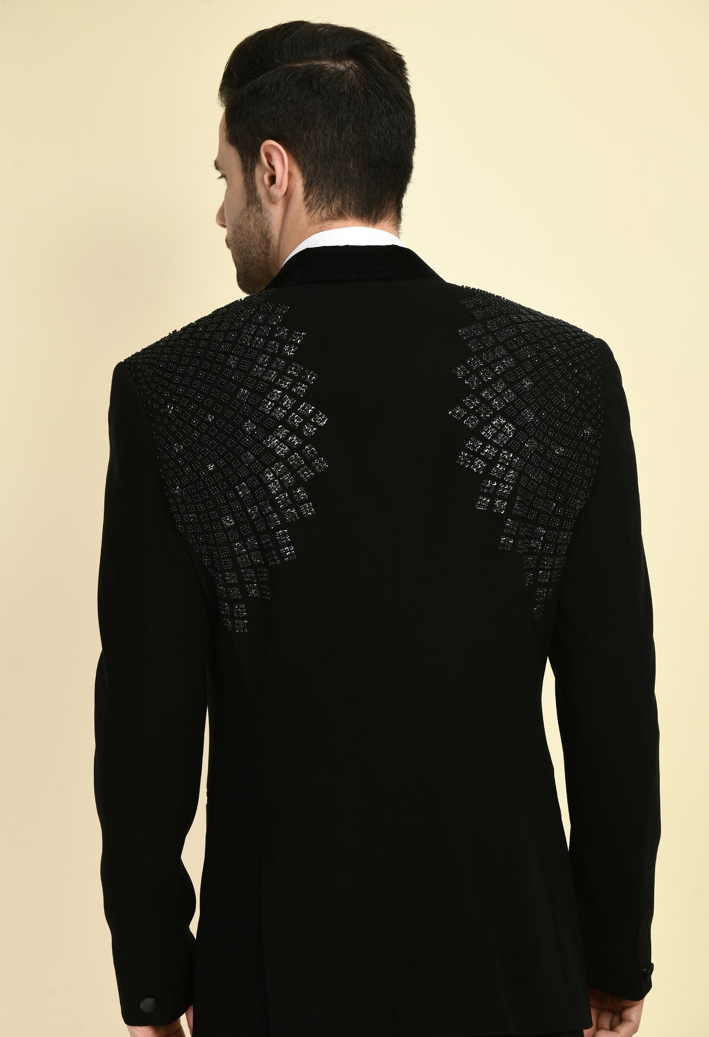 Men’s Tuxedo – Japanese Lycra in Black with Geometric Beads, Stone and Sequins Embroidery | One Man Show