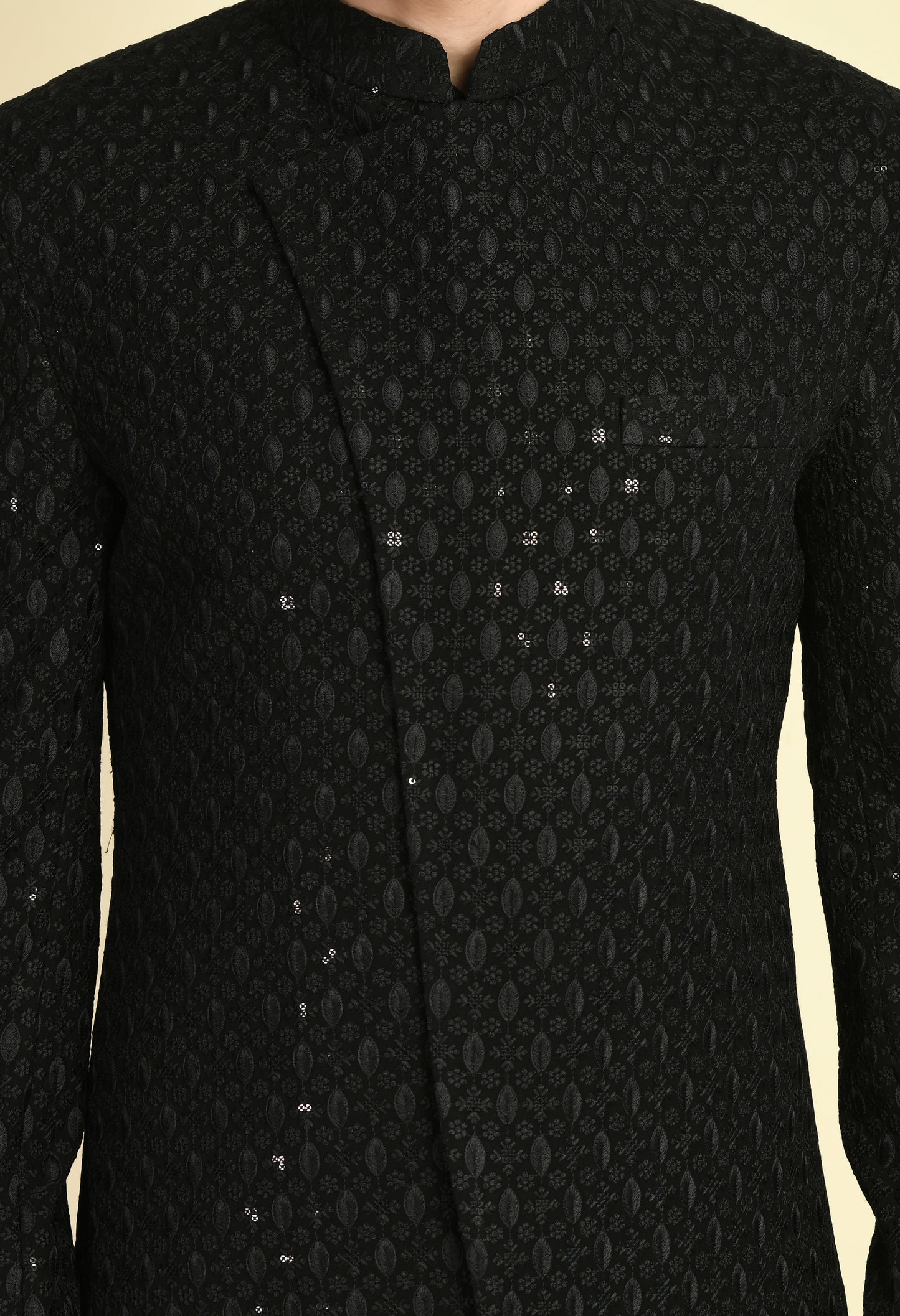 Men’s Indo-Western – Silk Georgette in Black with Angrakha Front and Draped Kurta | One Man Show