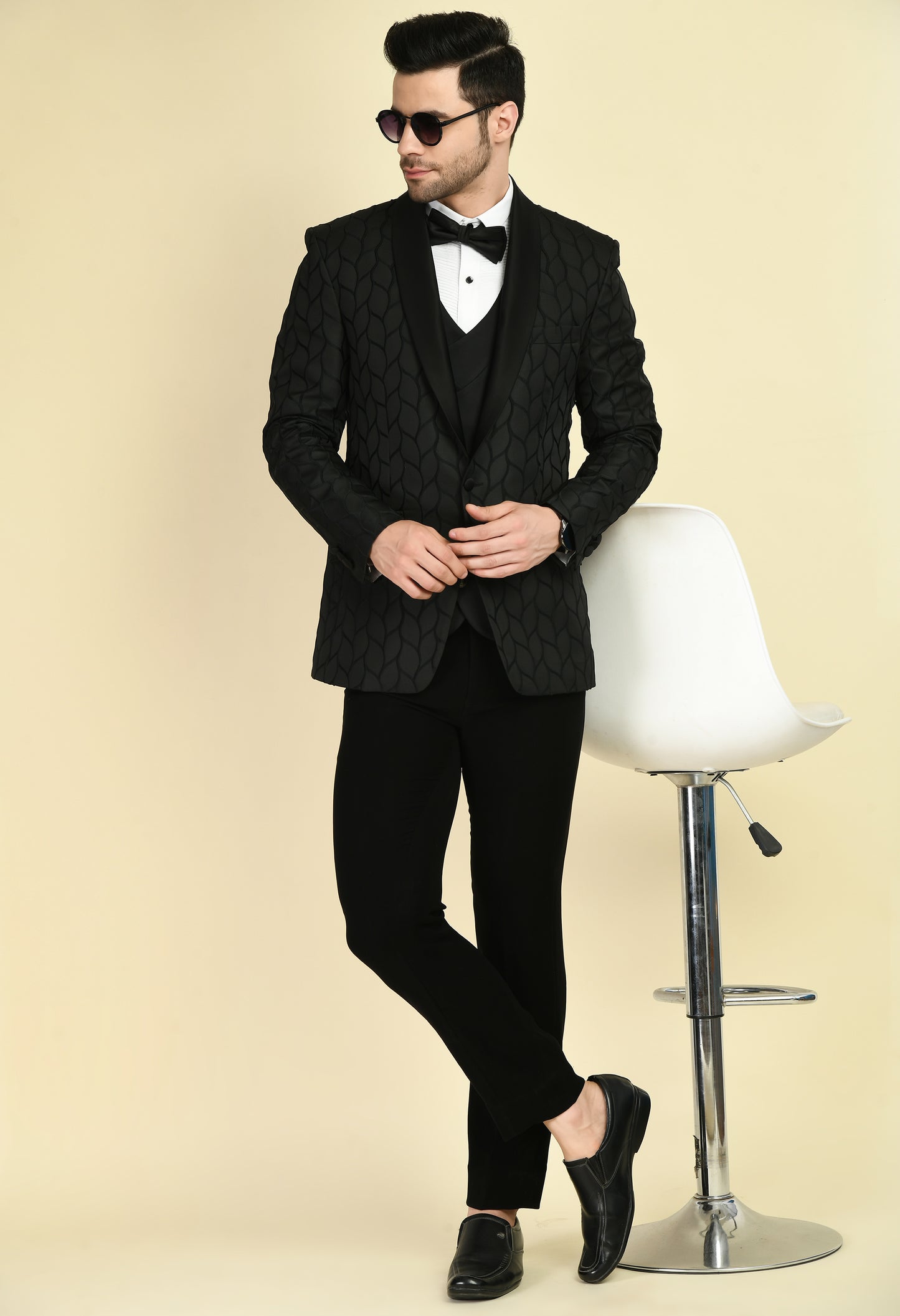 Men’s Tuxedo – Japanese Lycra in Black with Floral Jaquard Tuxedo Top | One Man Show