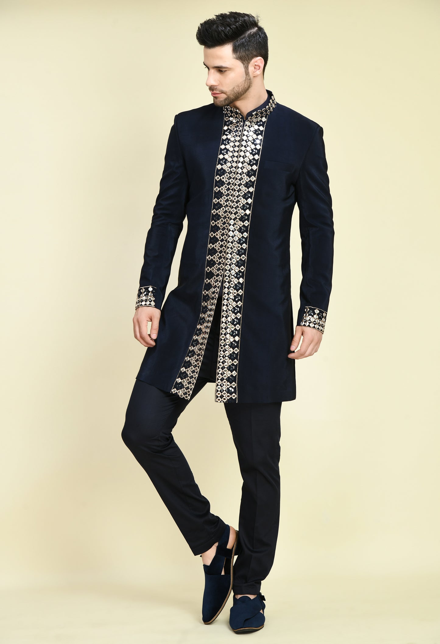 Men’s Indo-Western – Silk Crepe in Navy Blue with Mirror Work Embroidery | One Man Show