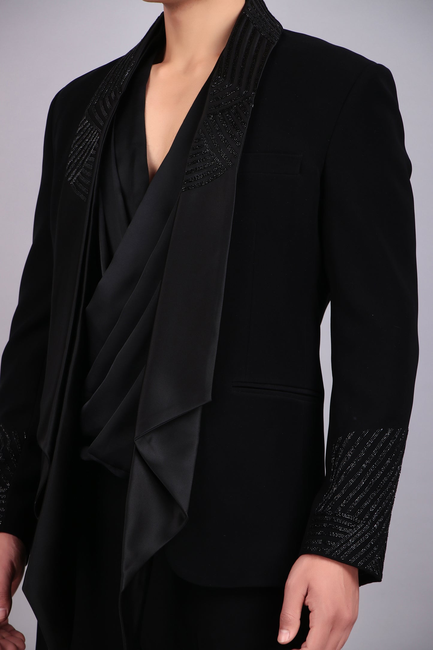 Men’s Tuxedo – Japanese Lycra in Black with Layered Lapel Style | One Man Show