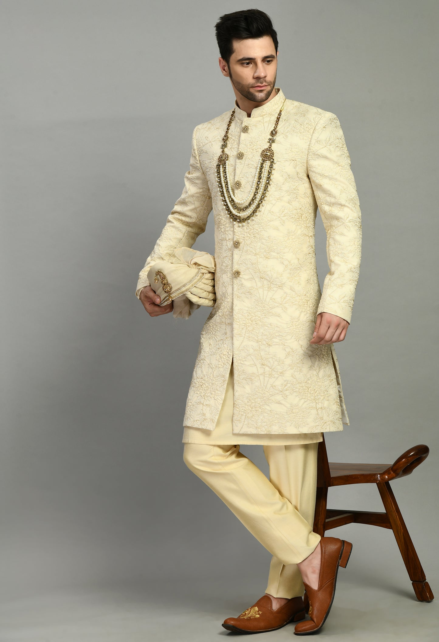 Men’s Sherwani – Silk in Cream with Detailed Hand Embroidery | One Man Show