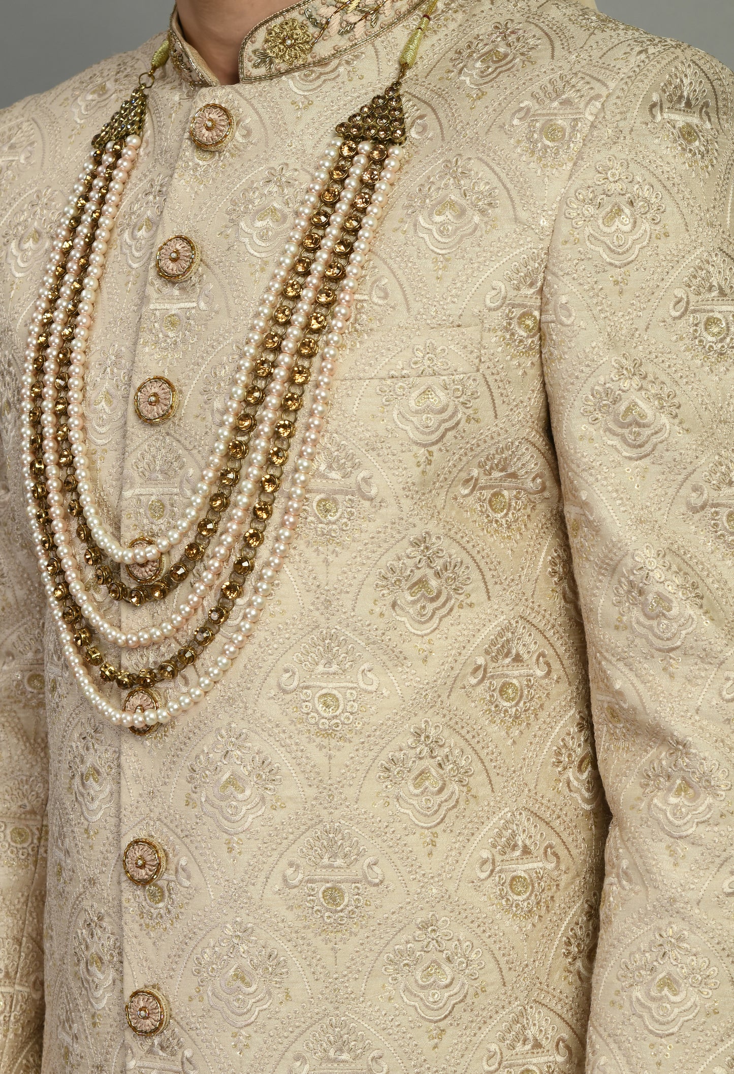 Men’s Sherwani – Silk in Beige with Detailed Hand Embroidery | One Man Show