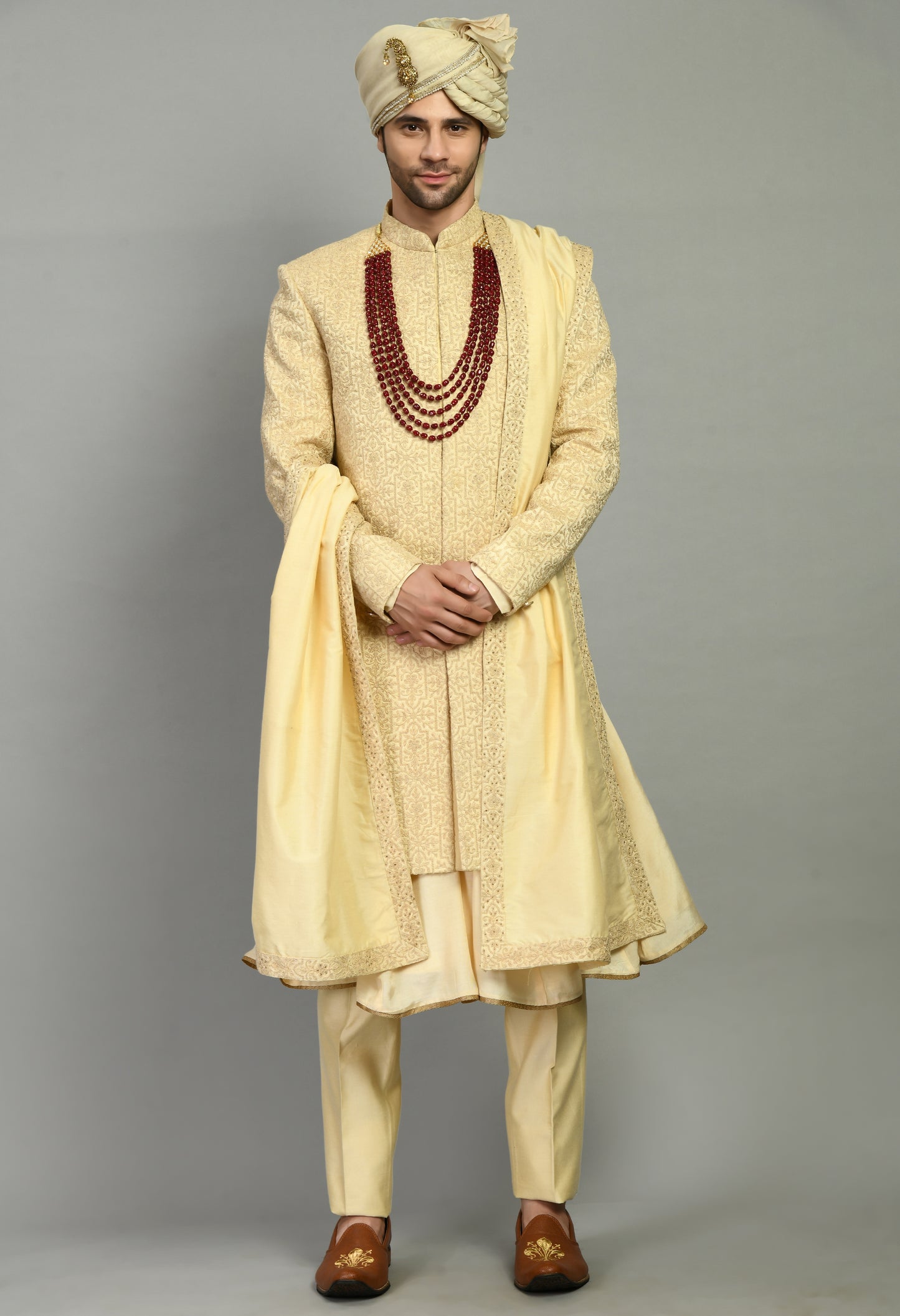 Men’s Sherwani – Silk in Beige with Detailed Hand Embroidery Allover | One Man Show