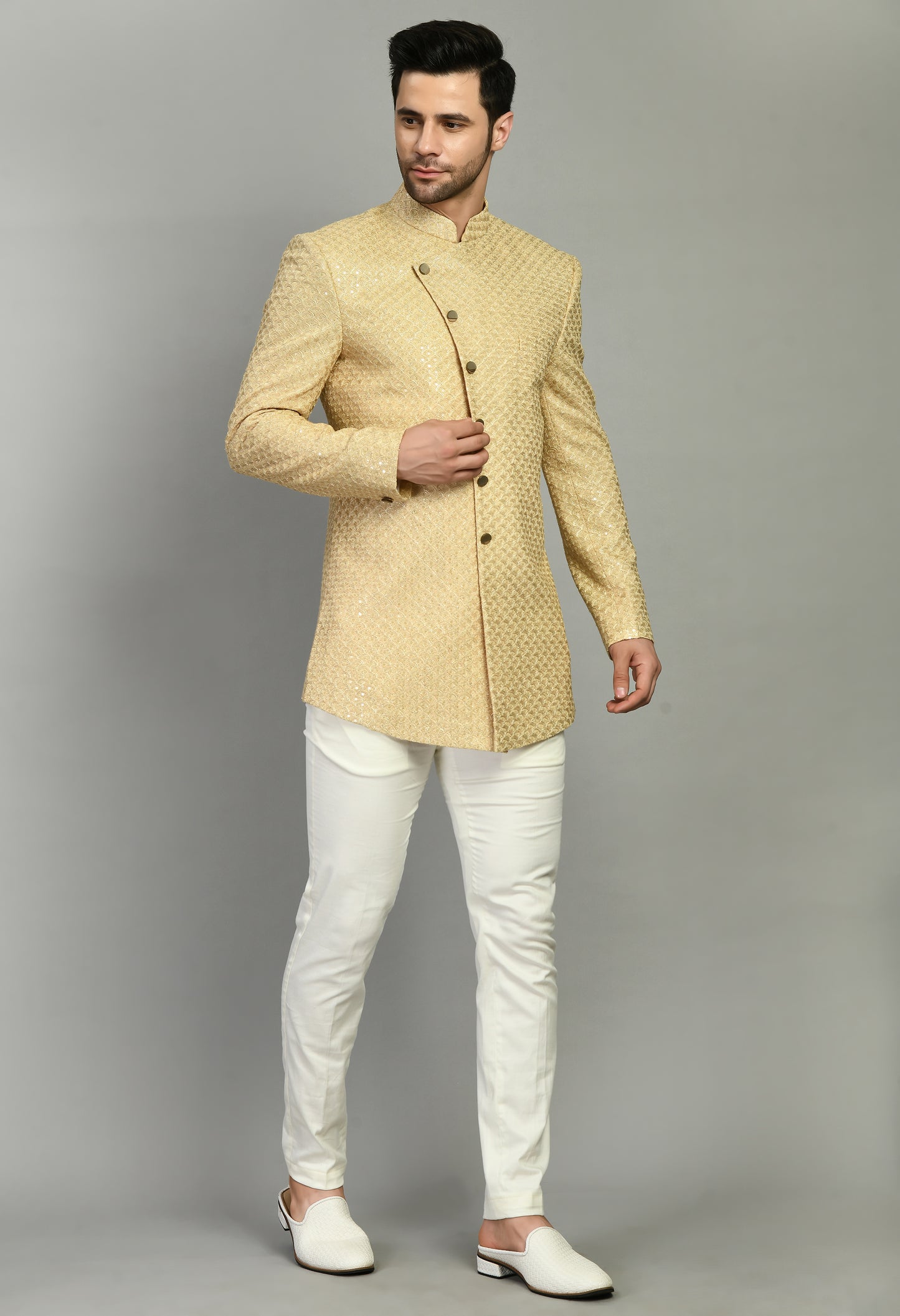 Men’s Indo-Western – Silk Georgette in Beige with Zari Embroidery | One Man Show