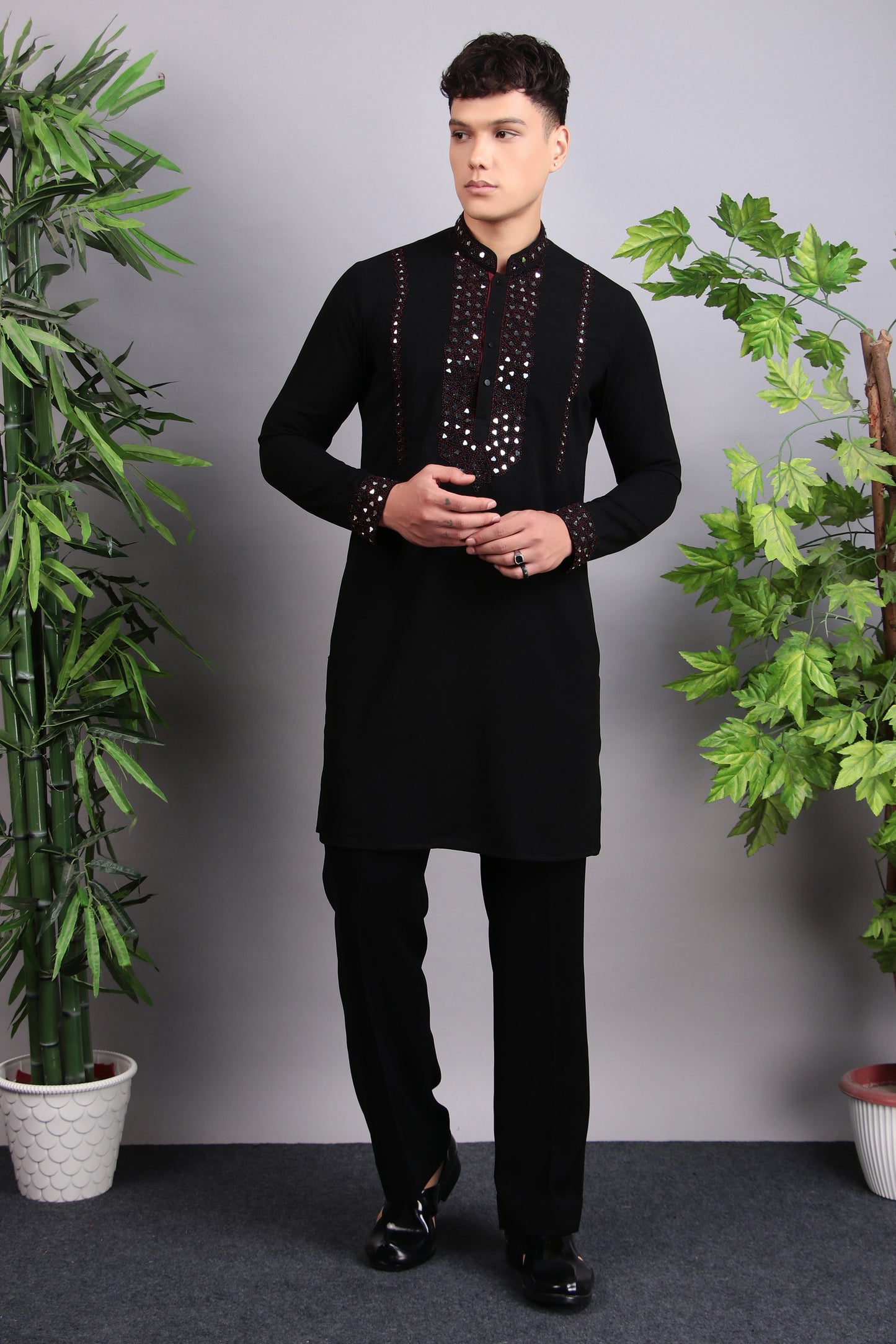 Men’s Kurta Set – Korean Wrinkle-Free in Black with Mirror and Beads Embroidery | One Man Show